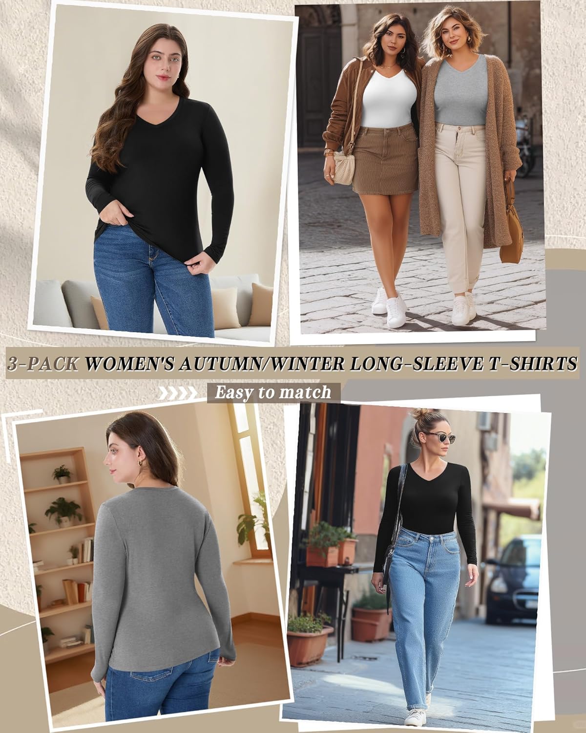 3 Pack Women's Plus Size T-Shirts Long Sleeve V Neck Slim Fitted Tunic Tops Casual Stretchy Basic Tee Shirt Xl-5XL - Image 4