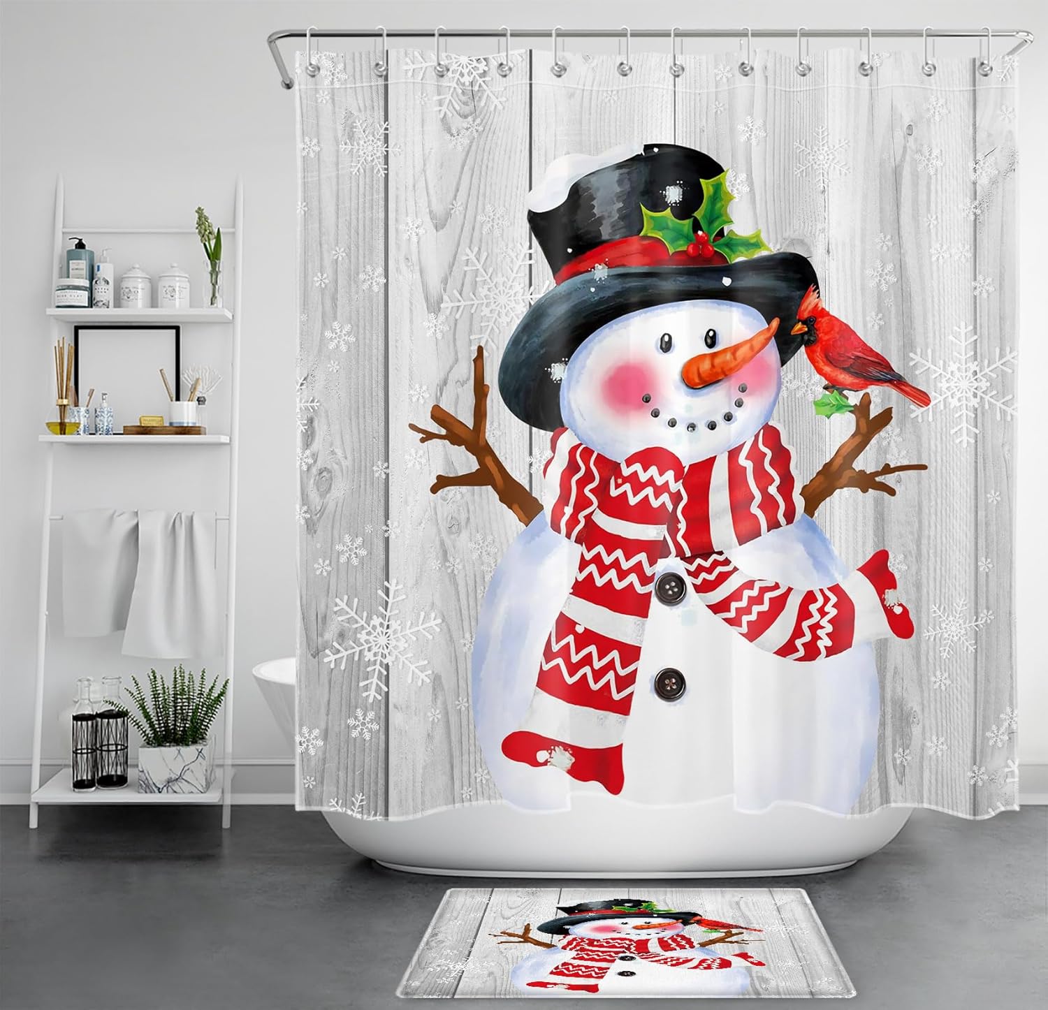 LB Farmhouse Christmas Shower Curtain Sets with Rugs Snowman Cardinal with Snowflake on Vintage Wooden Plank Fabric Shower Curtain with Hooks Winter Holiday Bathroom Curtains Shower Set, 70x70 inches