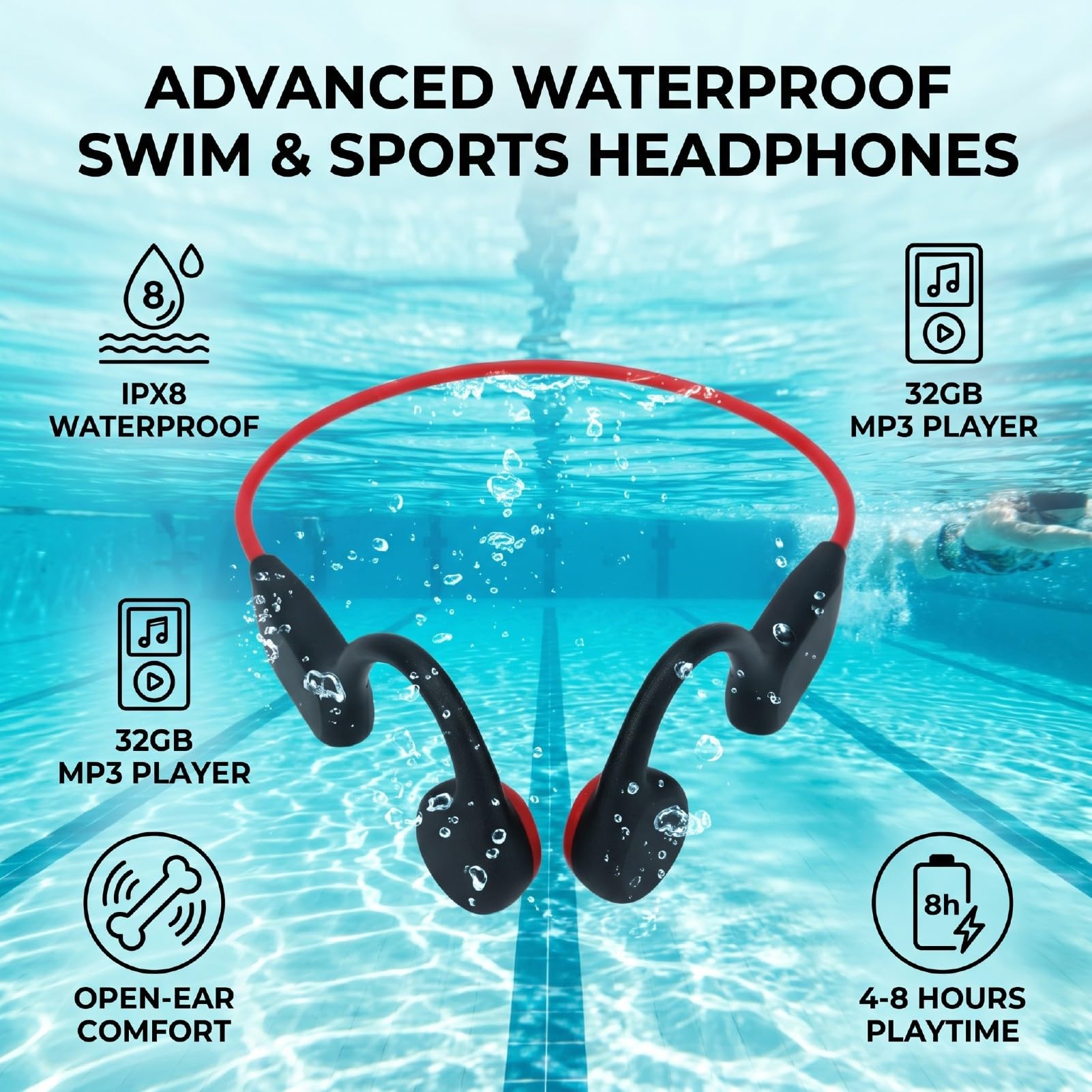 Annadue Cuffie a Conduzione Ossea, Auricolari Wireless IPX8 Impermeabili con Lettore MP3 da 32GB Integrato per Nuoto e Allenamenti, Bluetooth 5.4 Headset Open Ear per Sport (rosso)