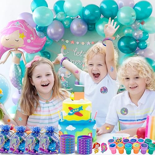 Miniatura 6 de 134 piezas de decoraciones de cumpleaños de sirena para niñas, suministros de fiesta incluyen 12 pulseras, 12 collares, 12 horquillas, 12 anillos,