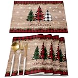 Artwork Store Merry Christmas Placemats Set of 6,Cotton Linen Table Mats Non-Slip Washable Buffalo Plaid Farm Xmas Tree Snowflake Pine Tree Placemat for Holiday Party Dining Kitchen Table Decor