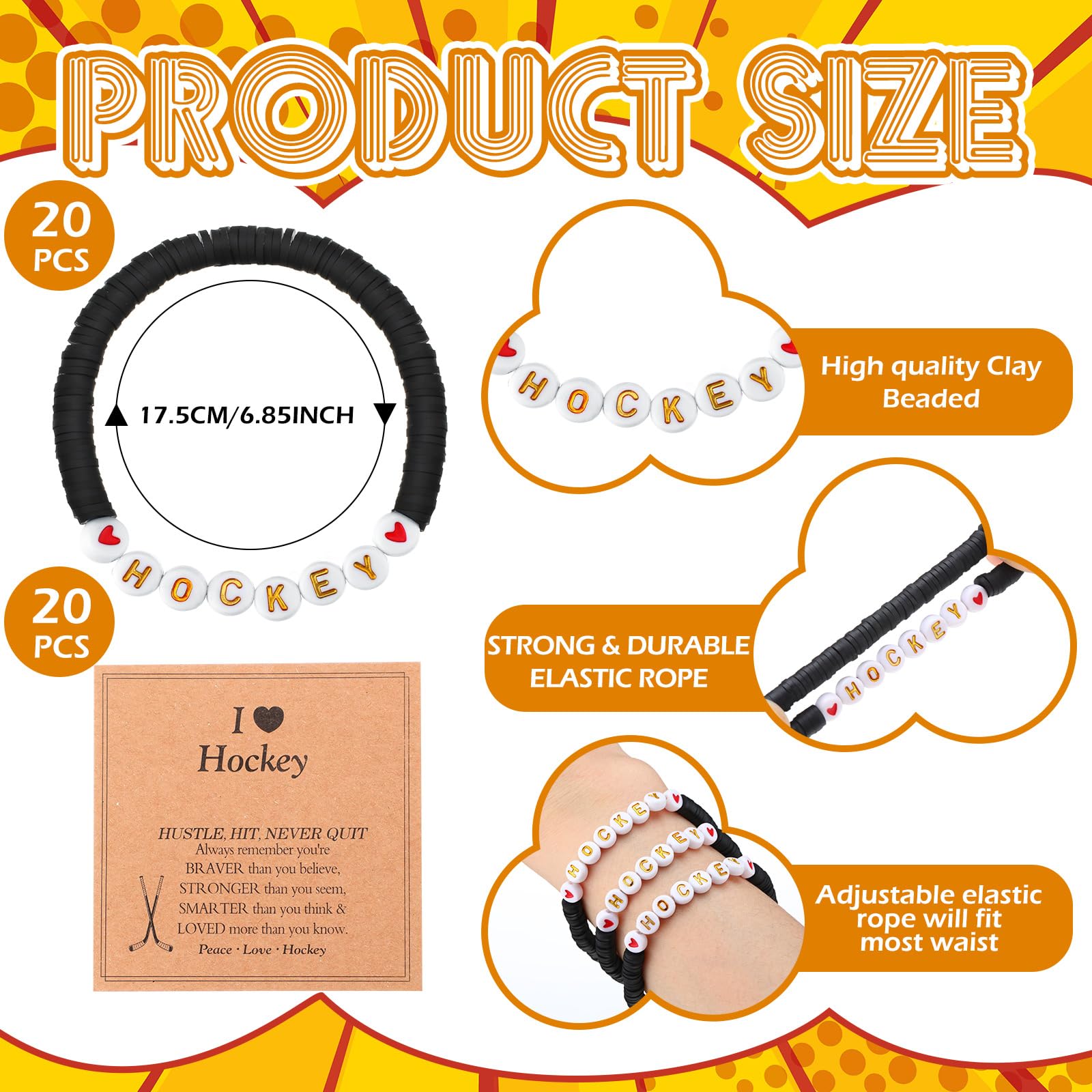 Lunmon 20 Sets Hockey Bracelets Hockey Sports Clay Beaded Bracelets with Inspirational Cards Sports Party Christmas Party Gifts Christmas Stocking Stuffers