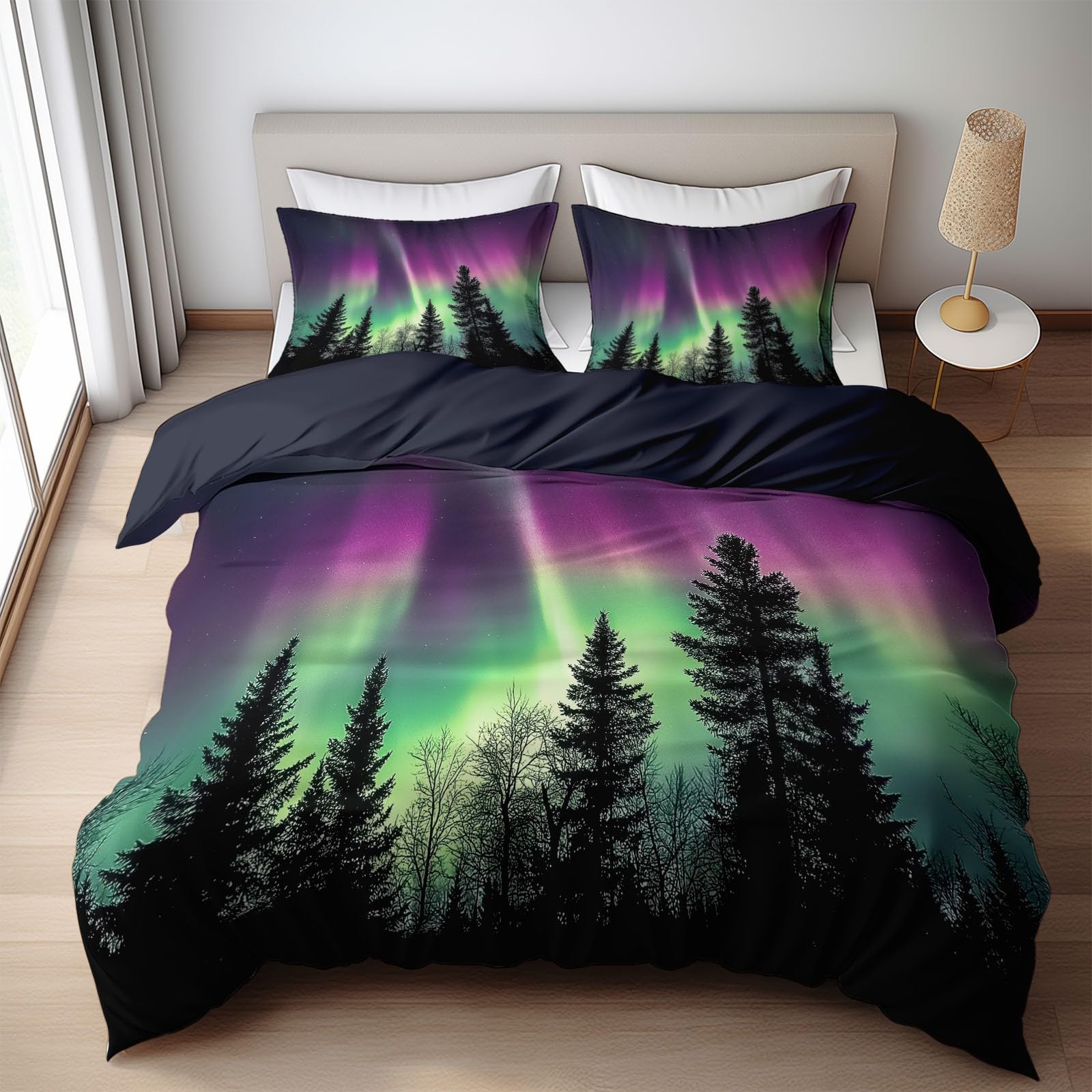 Dunkelblau Bettwäsche Set, Naturlandschaft Nordlichter Bäume Bettwäsche-Sets Weich Atmungsaktiv mit Reißverschluss Enthält 1 Bettbezug 155 x 220 cm und 2 Kissenbezüge 80x80 cm