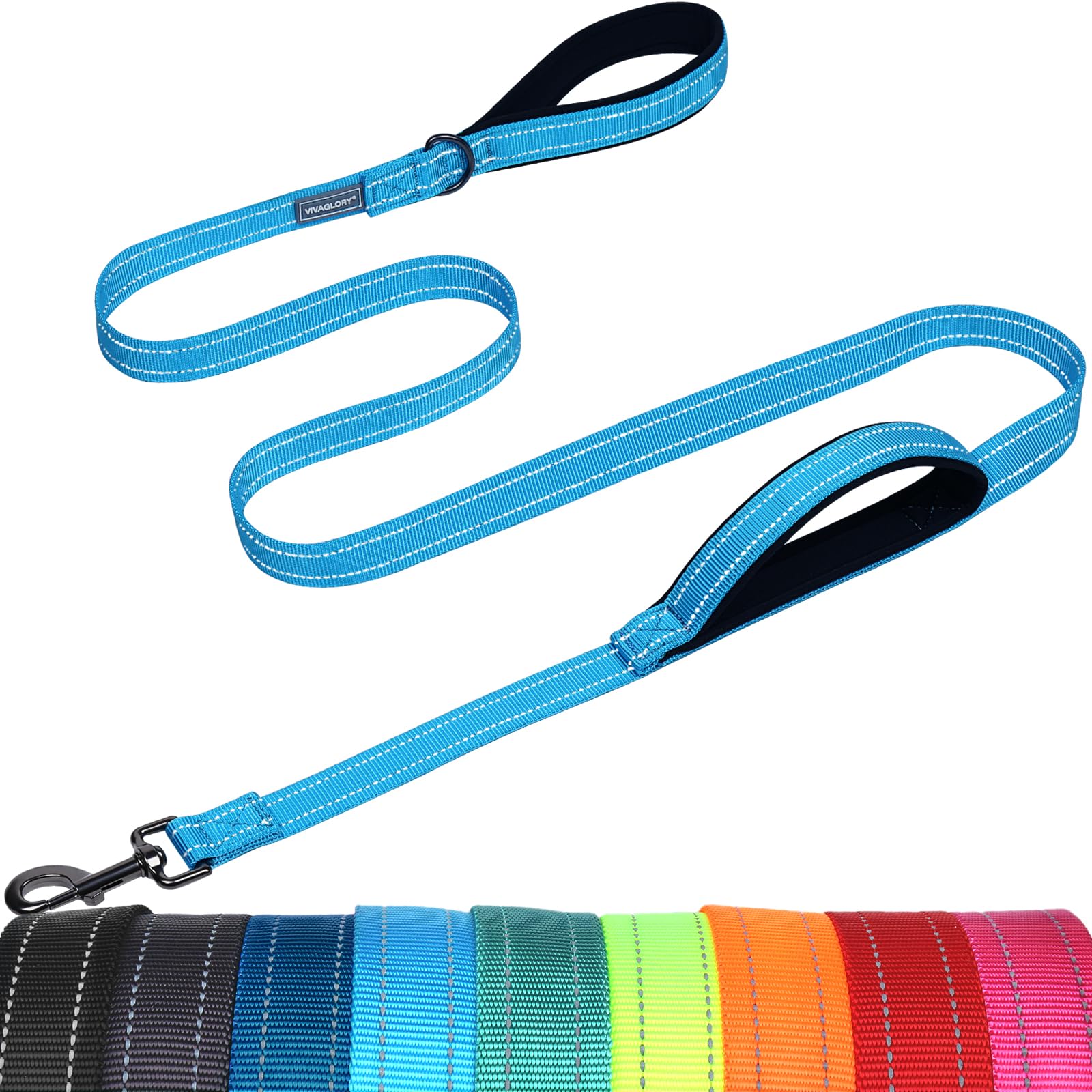 VIVAGLORY Twingrip Führleine Hund, Leine Hund Hausleine Joggingleine, Hundeleine mit 2 Griffen Doppelgriff, Gepolstert Neopren & Reflektierend
