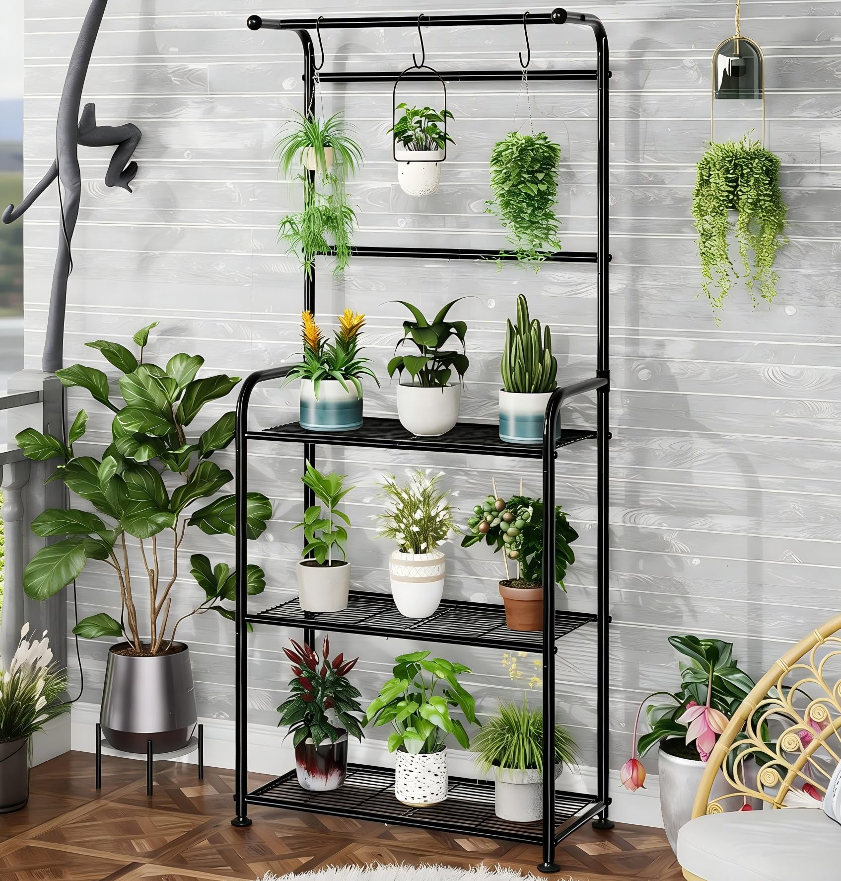 Ekisemio Plant Shelves Outdoor with Hooks, Metal Tall Plant Stand Indoor for Hanging Planter, Black
