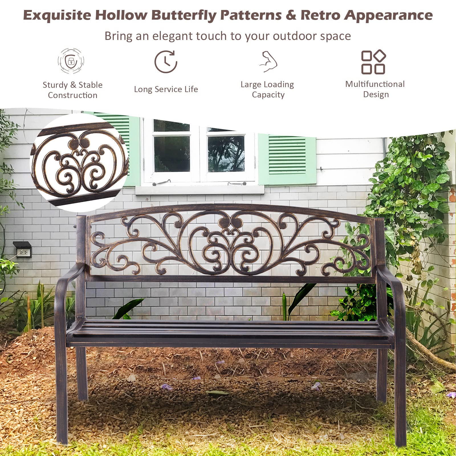 GIANTEX Panchina in Ferro da Giardino a 2 Posti, Panca con Schienale Belle e Braccioli, Panchina Vintage a Doppio Posto per Balcone, Terrazza, 127 x 60 x 82 cm, Bronzo