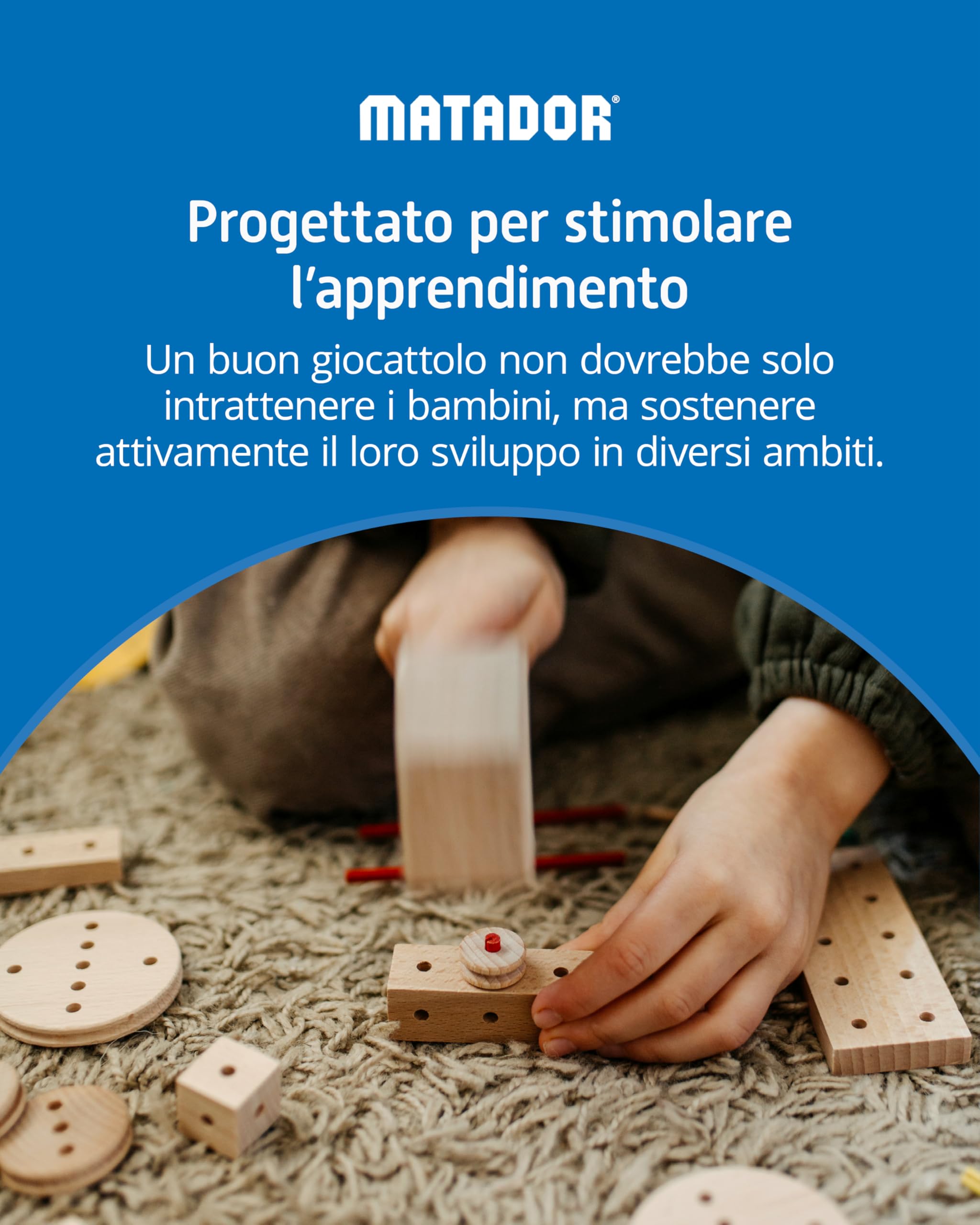Matador Set di Costruzioni per Bambini da 5 Anni – 222 Pezzi | Gioco di Costruzioni in Legno coinvolgente per sviluppare creatività e motricità fine, con aste, Blocchi, Martello e Pinza