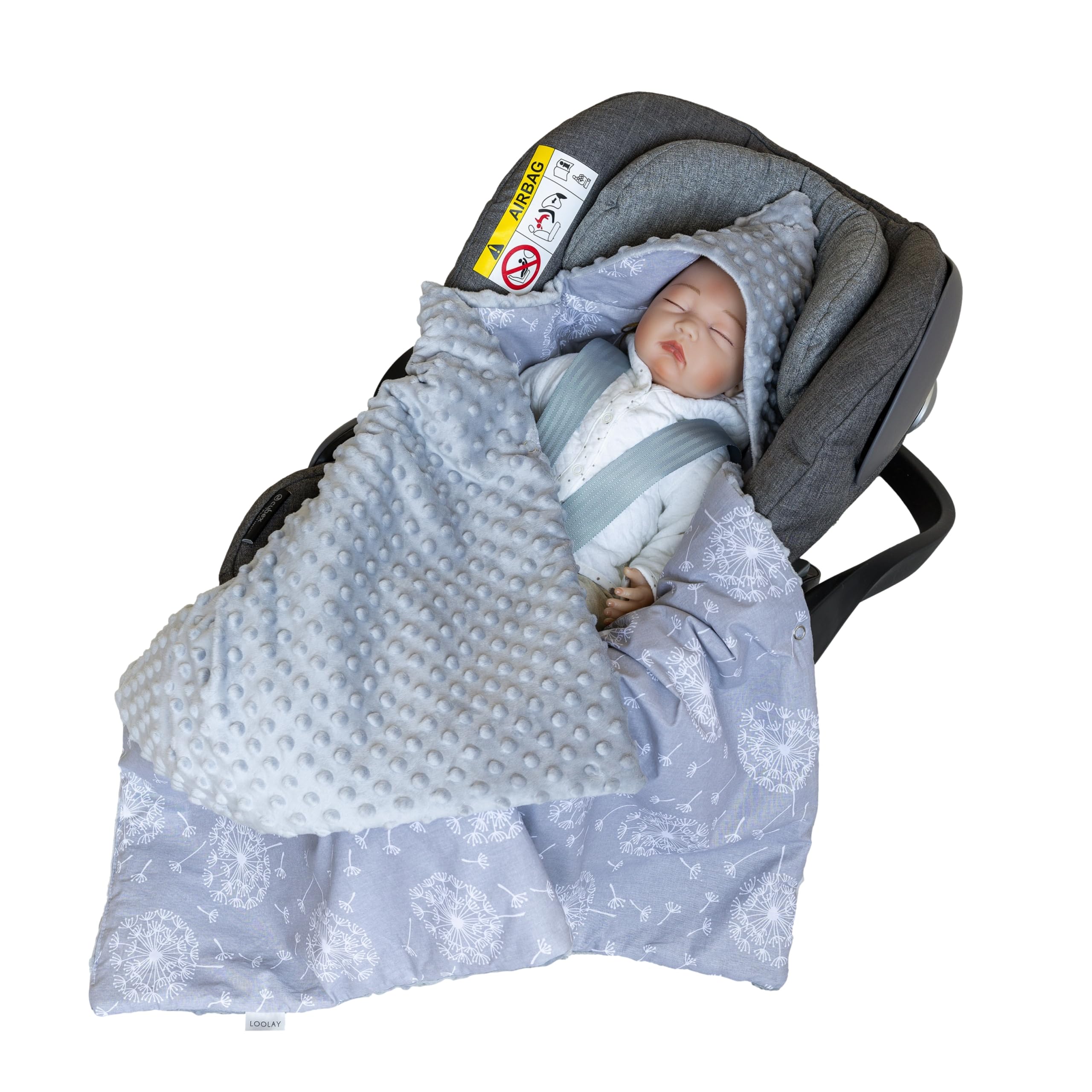 LOOLAY Coprigambe per ovetto, coperta per seggiolino auto, 90 x 90 cm, coprigambe per tutto l'anno, Minky e cotone biologico, cinturino compatibile a 3 e 5 punti (grigio pastella)