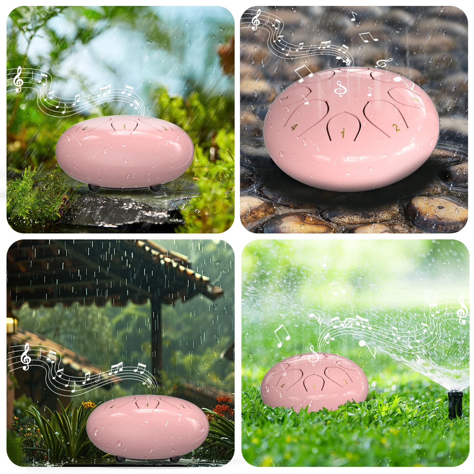 Rain Drum for Outside Garden, 6 Inches 8 Notes Steel Tongue Drums, Waterproof Meditation Echo Rain Chime, Musical Instruments for Adult Gift with Bag, Music Book, Mallets (Pink) 5