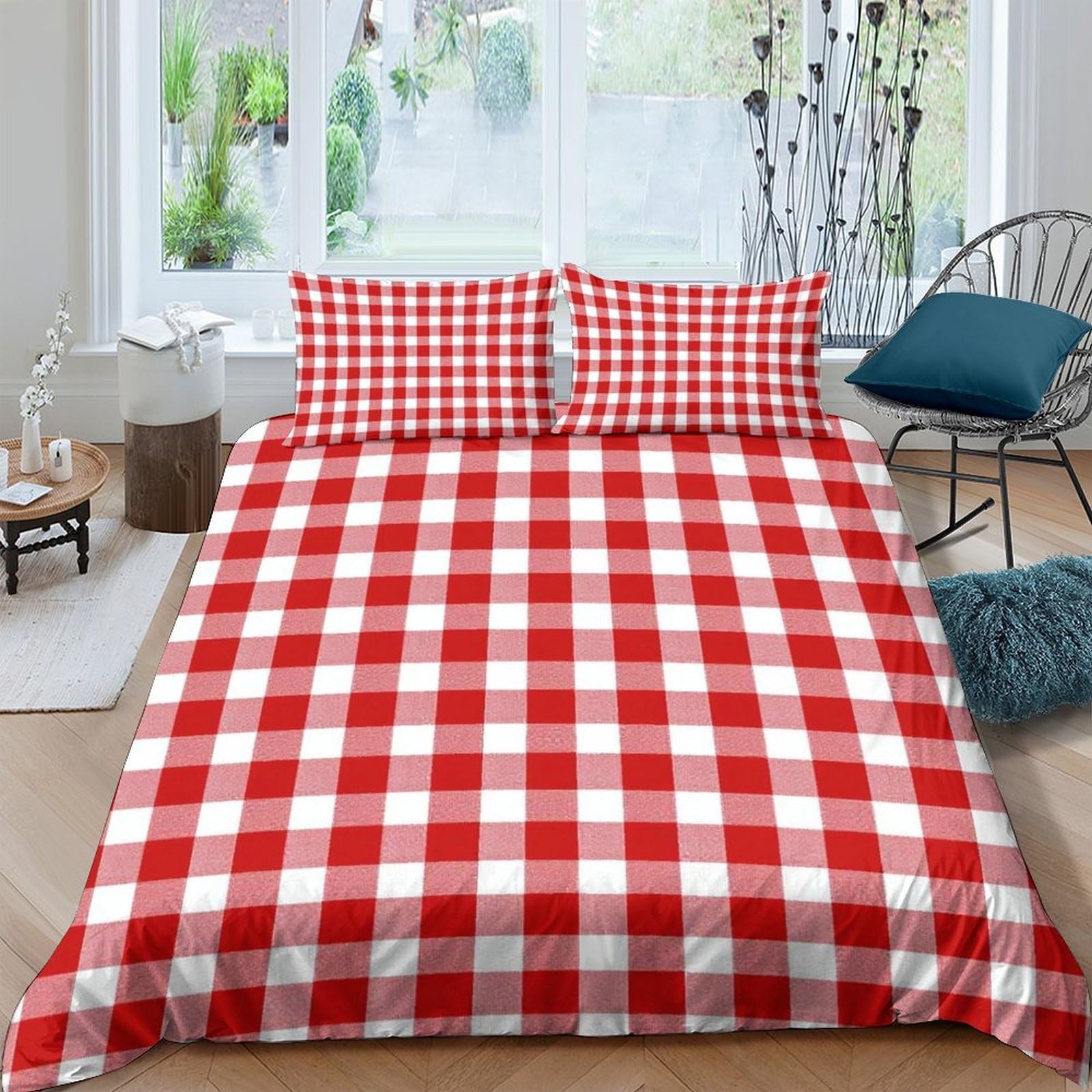 Ctjqhvkz Style-10 3D Printed Red Gingham Fitted Sheet Microfiber Non Slip Washable Plaid Bed Cover For Bedroom Guest Room Mattress Protection Single（135X200cm）