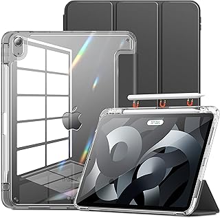 INFILAND Compatible with iPad Air 5 Case/iPad Air 4 Case, iPad Air 5th (2022)/4th Generation Case (2020) 10.9 inch, [ Crystal Clear Back + Pencil Holder + Auto Wake/Sleep] Clear Grey