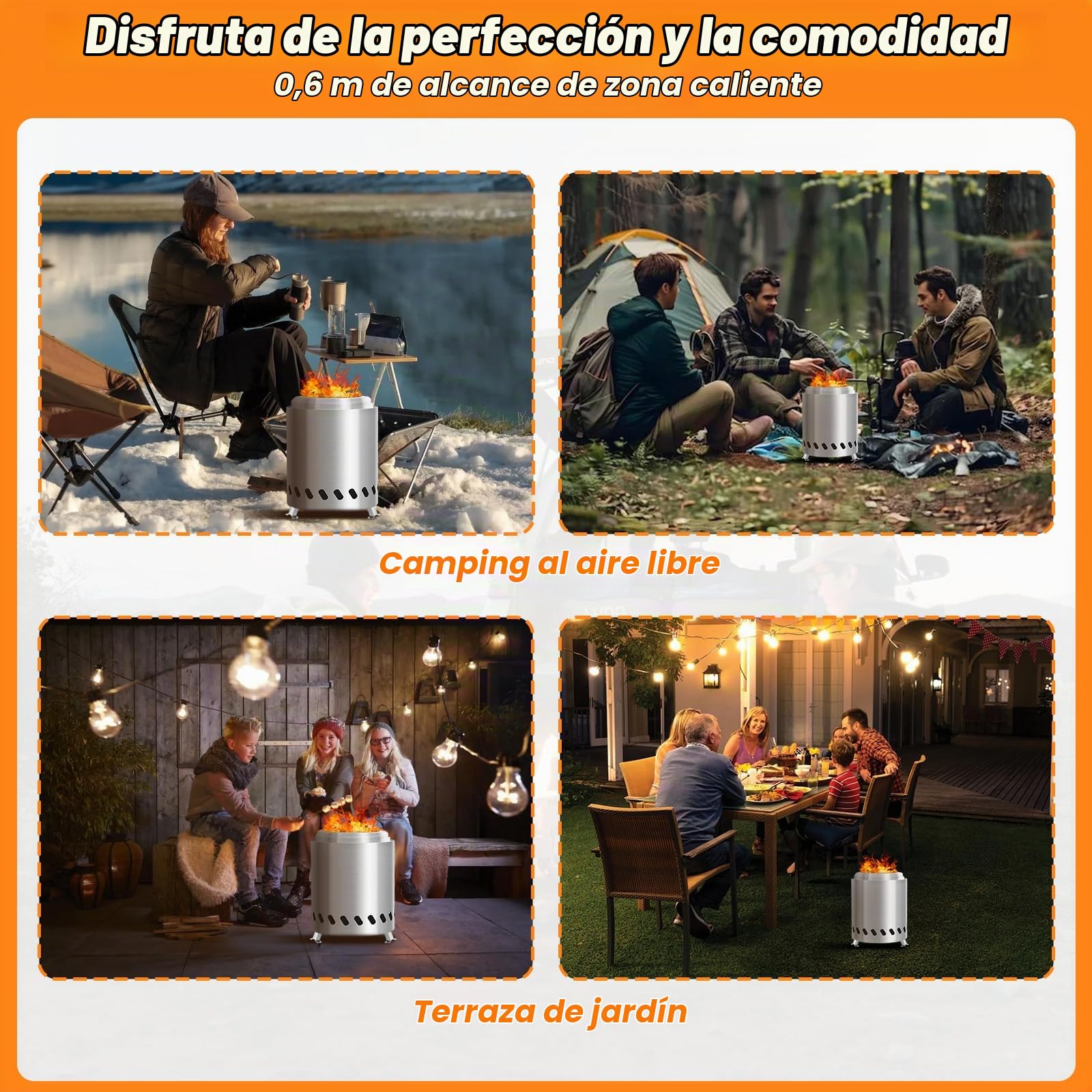 Brasero Sin Humo con Soporte & Bolsa Almacenamiento, Chimenea Mesa Acero Inoxidable, Hoguera Barbacoa para Madera,Pellets,Barril Fuego Portátil para Exteriores,Camping,Decoración Jardín,Terraza,Balcón