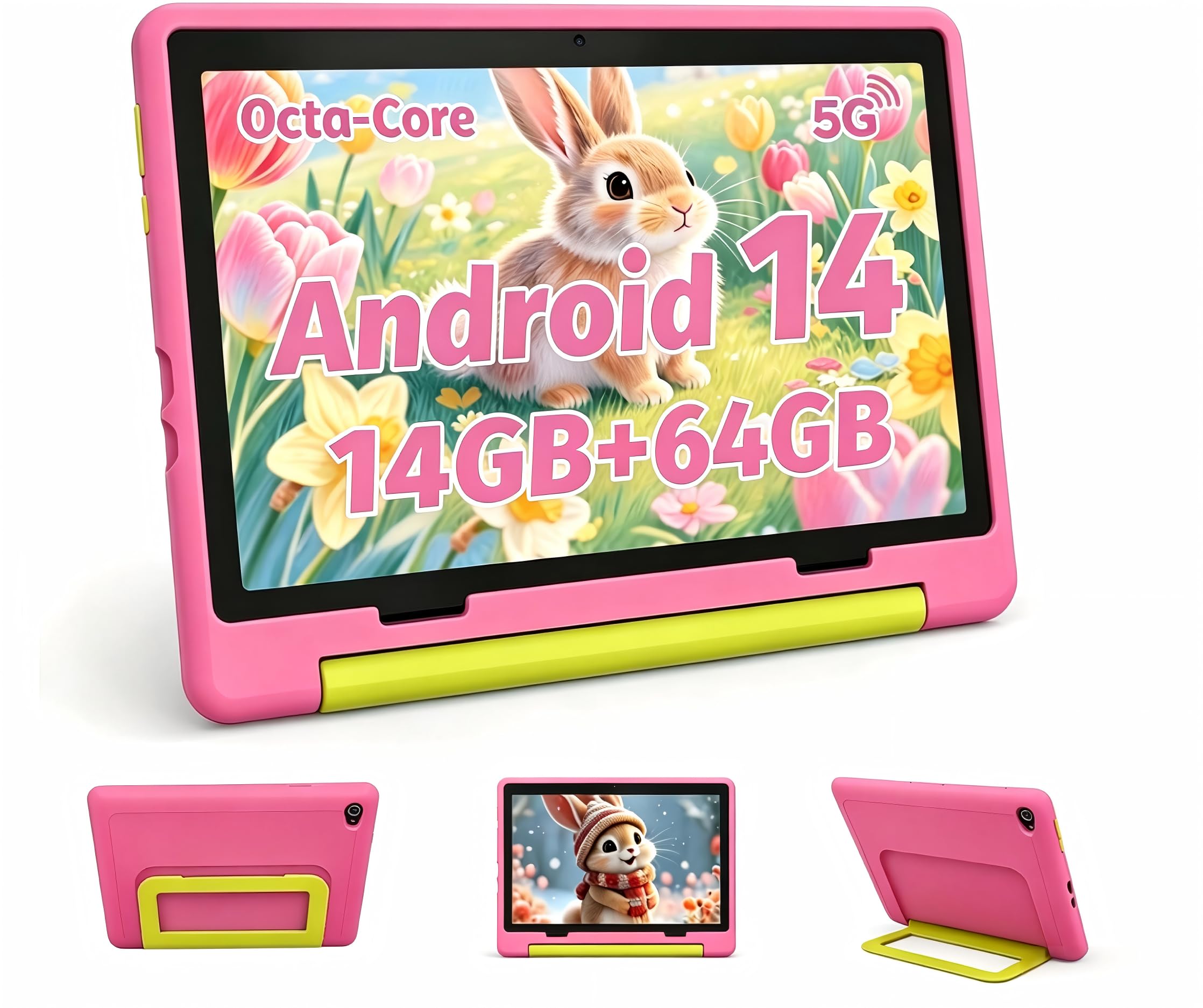 MUISOO 10 Zoll Kinder Tablet mit Hülle, Android Tablet für Kinder 3-12 Jahren, 14GB+64GB (1TB TF Expand), Octa Core CPU, 1280 * 800 HD Display, WiFi 6, BT5.3, Dual Kamera Tablets Tab Pad, Rosa