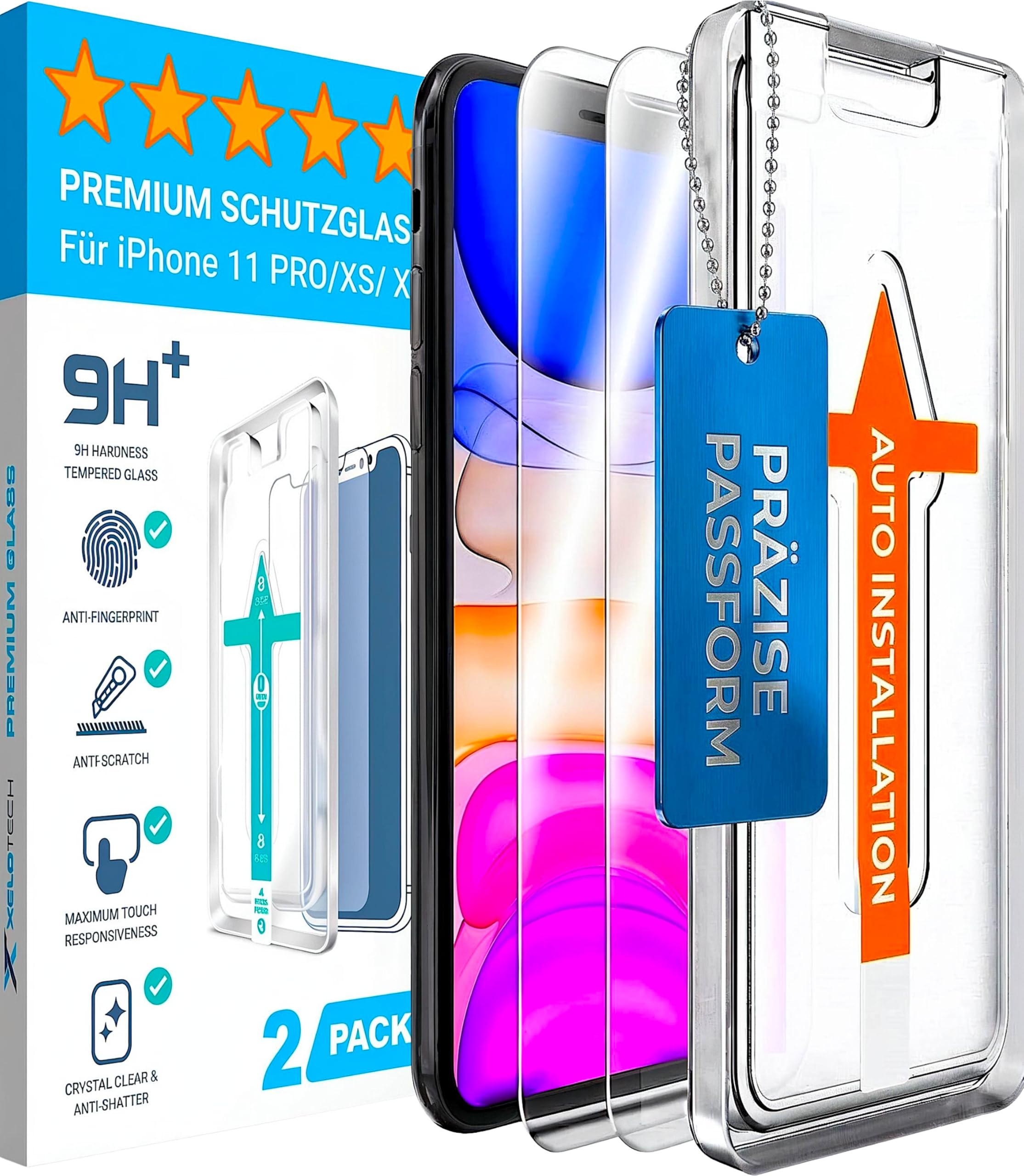 XeloTech für iPhone iPhone 11 Pro, iPhone Xs/X für Panzerglas, TOP Bruchsicherheit Folie, Schutzfolie 9H+ Schutzglas [Auto-Installation] Anti-Fingerabdruck, 2 Stück