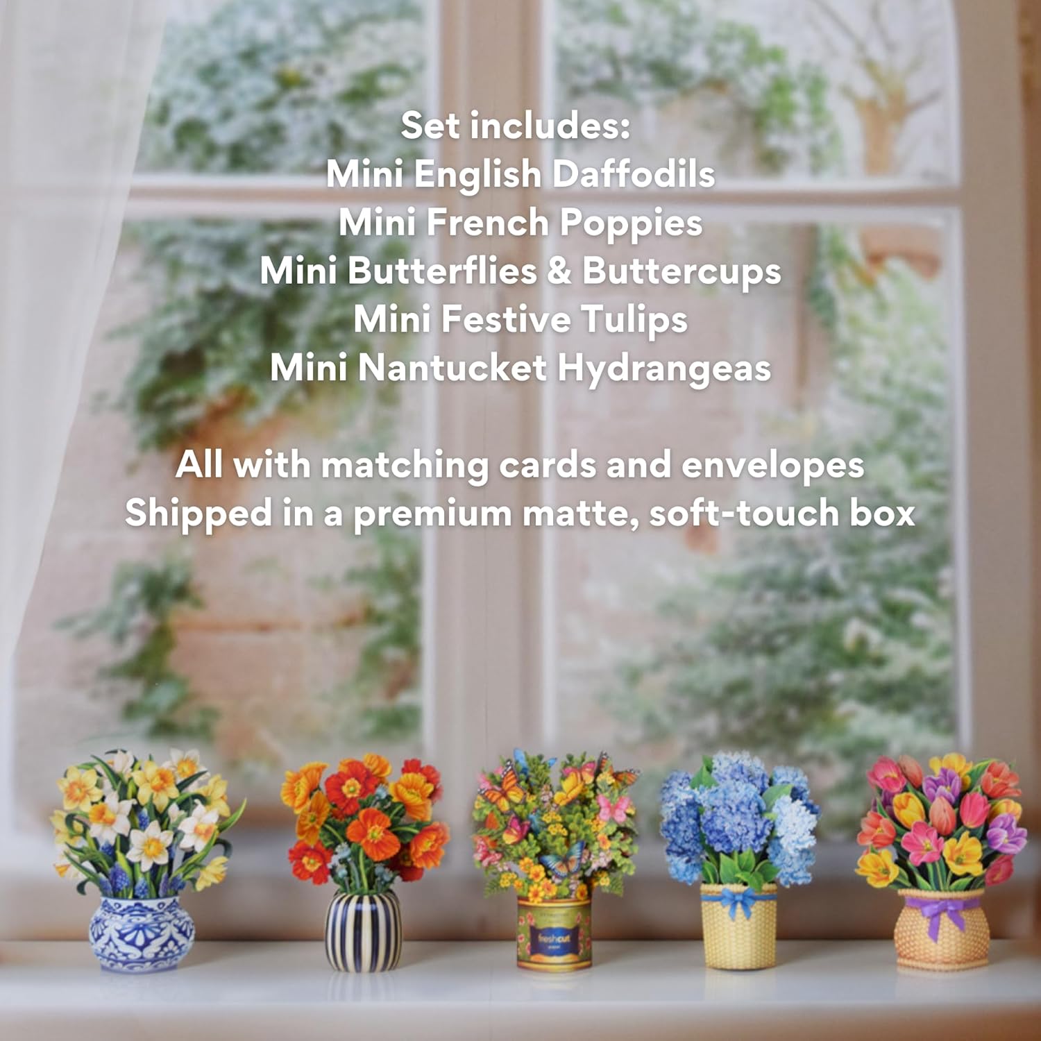 Freshcut Paper Pop Up Cards, Garden Favorites, 6 inch Mini Sized Paper Flower Bouquet 3D Popup Greeting Cards, Birthday Card, Thank You Card, Blank Notecards & Envelopes, Pack of 5