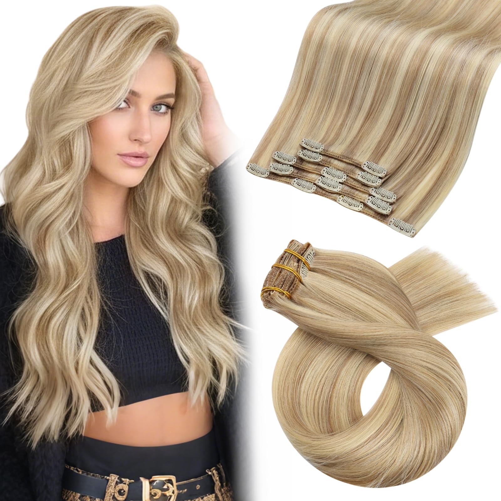 Moresoo Human Hair Extensions Clip in Real Hair Ash Blonde with Bleached Blonde Clip in Hair Extensions Remy Human Mid-length Hair Layered Add Volume 14 Inch 5pcs/80g #P18/613 — view 60