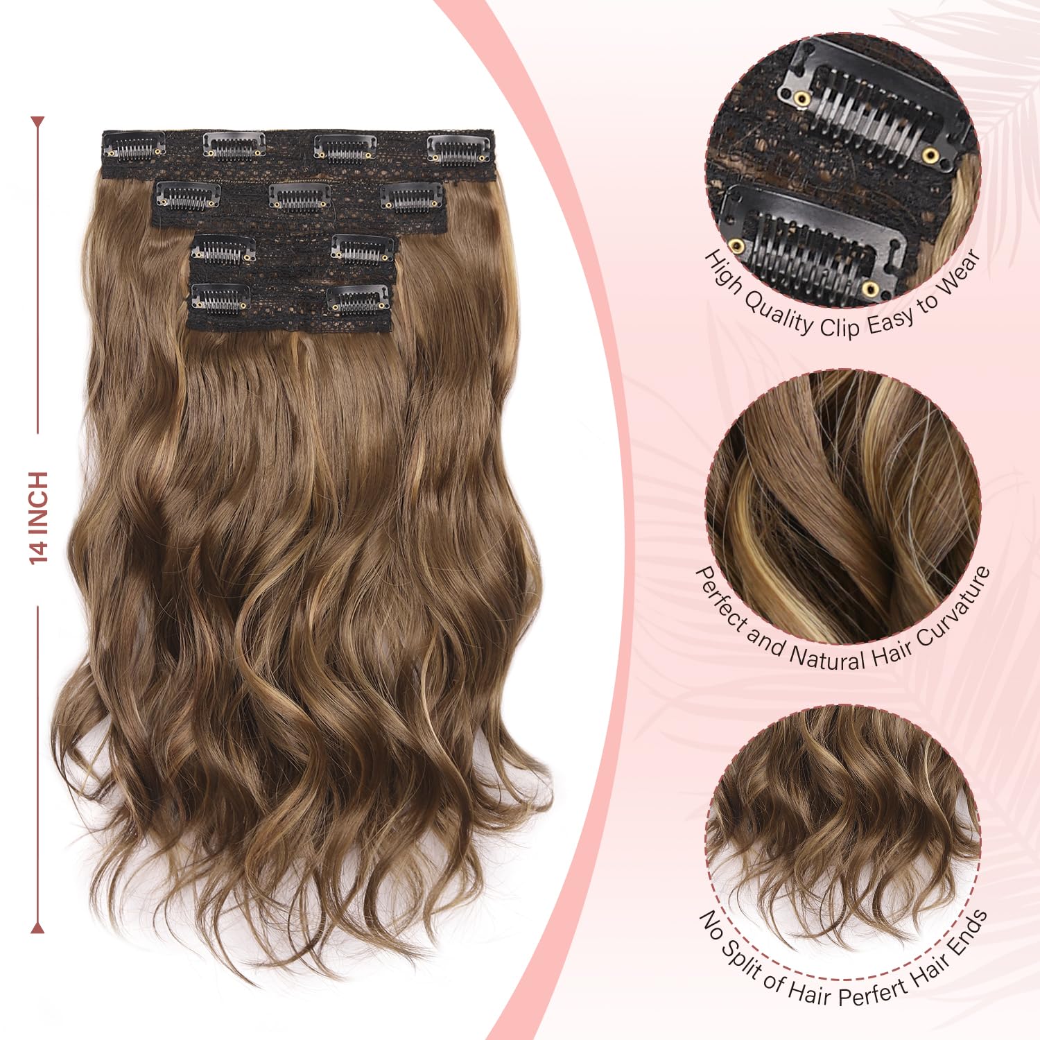 Hair Extensions Clip In - 14 Inch Wavy Synthetic Clip In Hair Extension (Color: Medium Brown with Honey Blonde Highlights) - Image 3