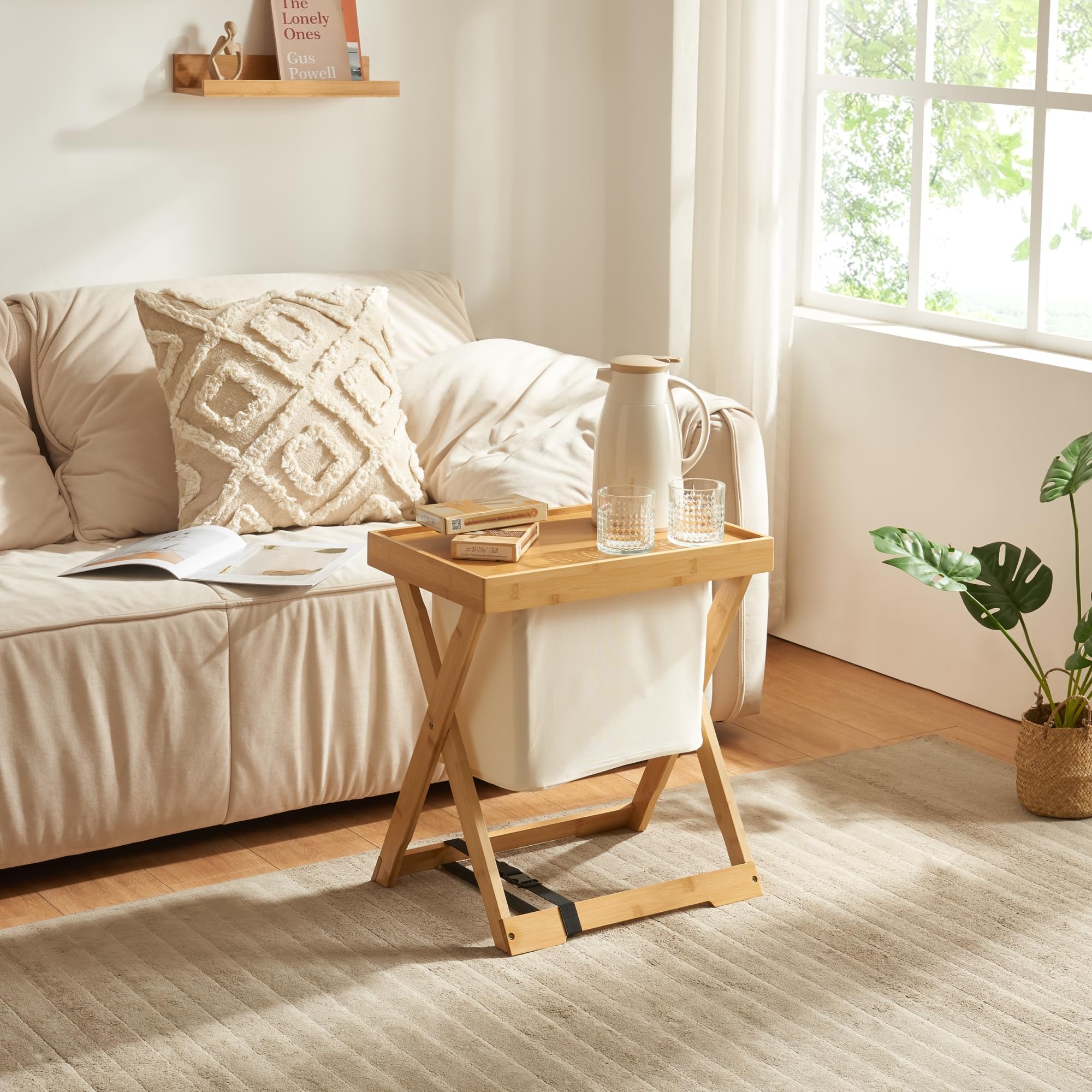 [en.casa] Tavolino Pieghevole da Esterno Interno Tavolino in Bambù con Piano e Contenitore Rimovibili Tavolino da Caffè 53 x 48 x 32 cm