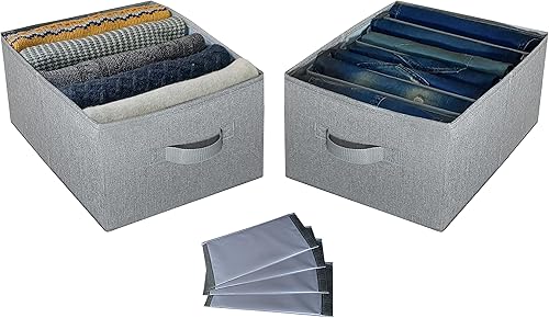 Organizador grande de lino para jeans con 6 divisores extraíbles y 2 asas para hasta 7 rejillas, organizador plegable de almacenamiento de ropa para