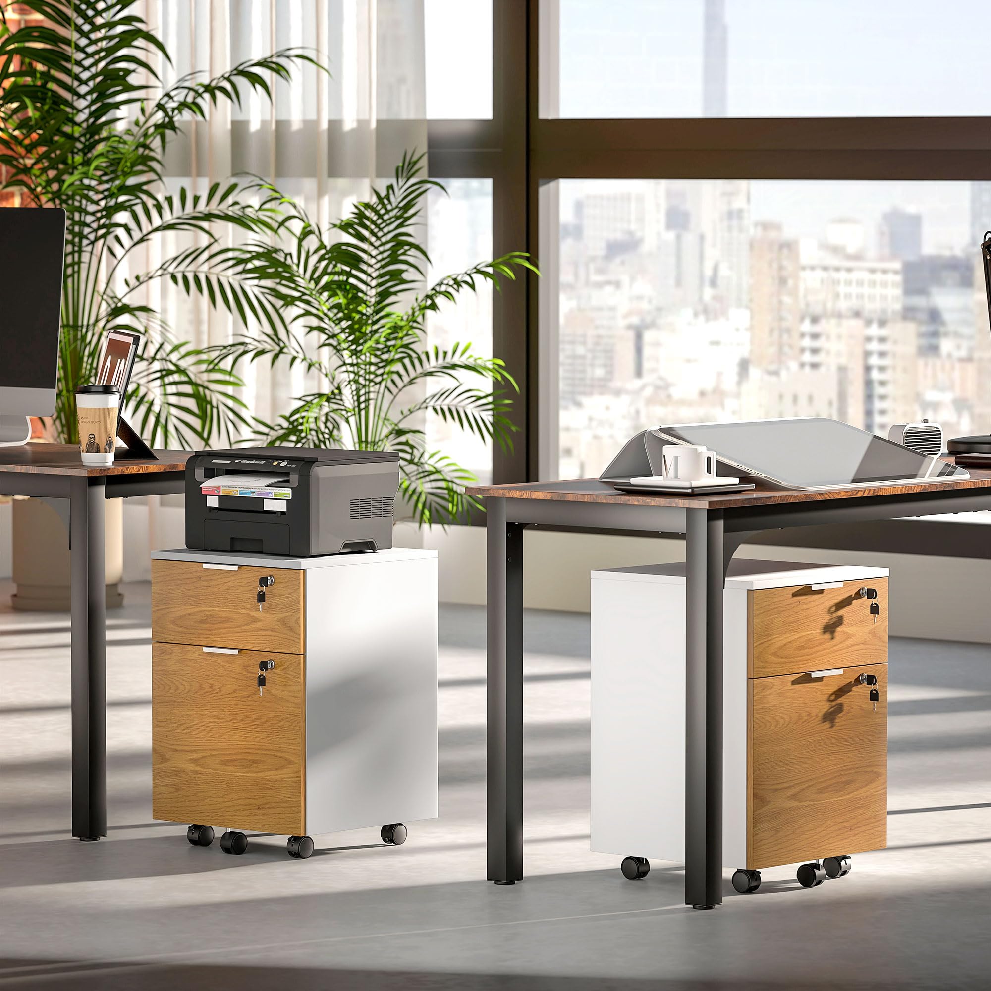 HOMCOM Bürokasten, Aufbewahrungsmöbel, Badschrank, 2 Schubladen, 2 Stangen zum Aufhängen, abschließbar, 2 Schlüssel, 4 Rollen, 42 x 40 x 60 cm, Holzoptik, Weiß und Natur