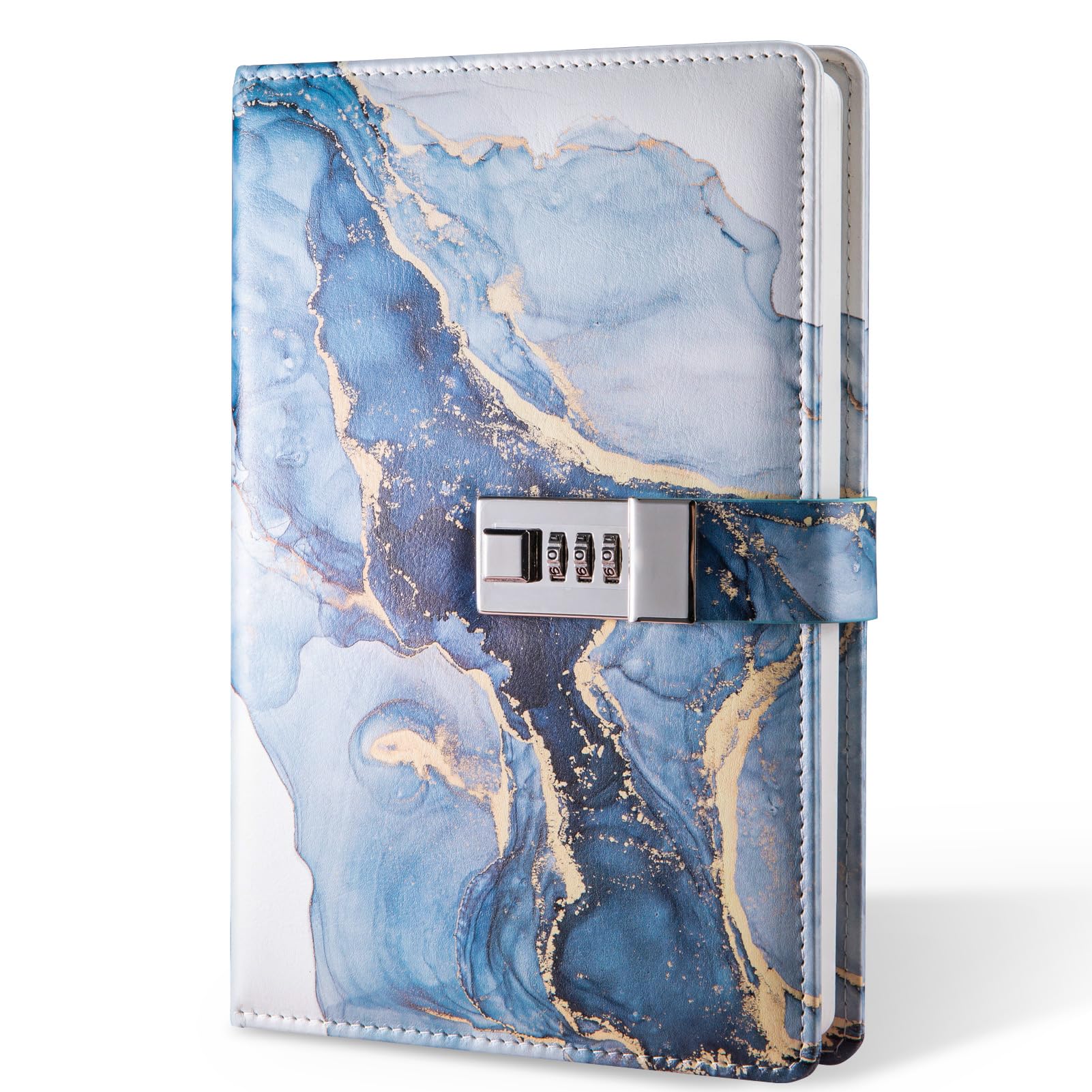 Diary with Lock, A5 Lockable Journal, PU Leather Combination Lock Diary, Lock Diary Planner Organizer for Men and Women, Office Product 8.6 x 5.9 in- Blue