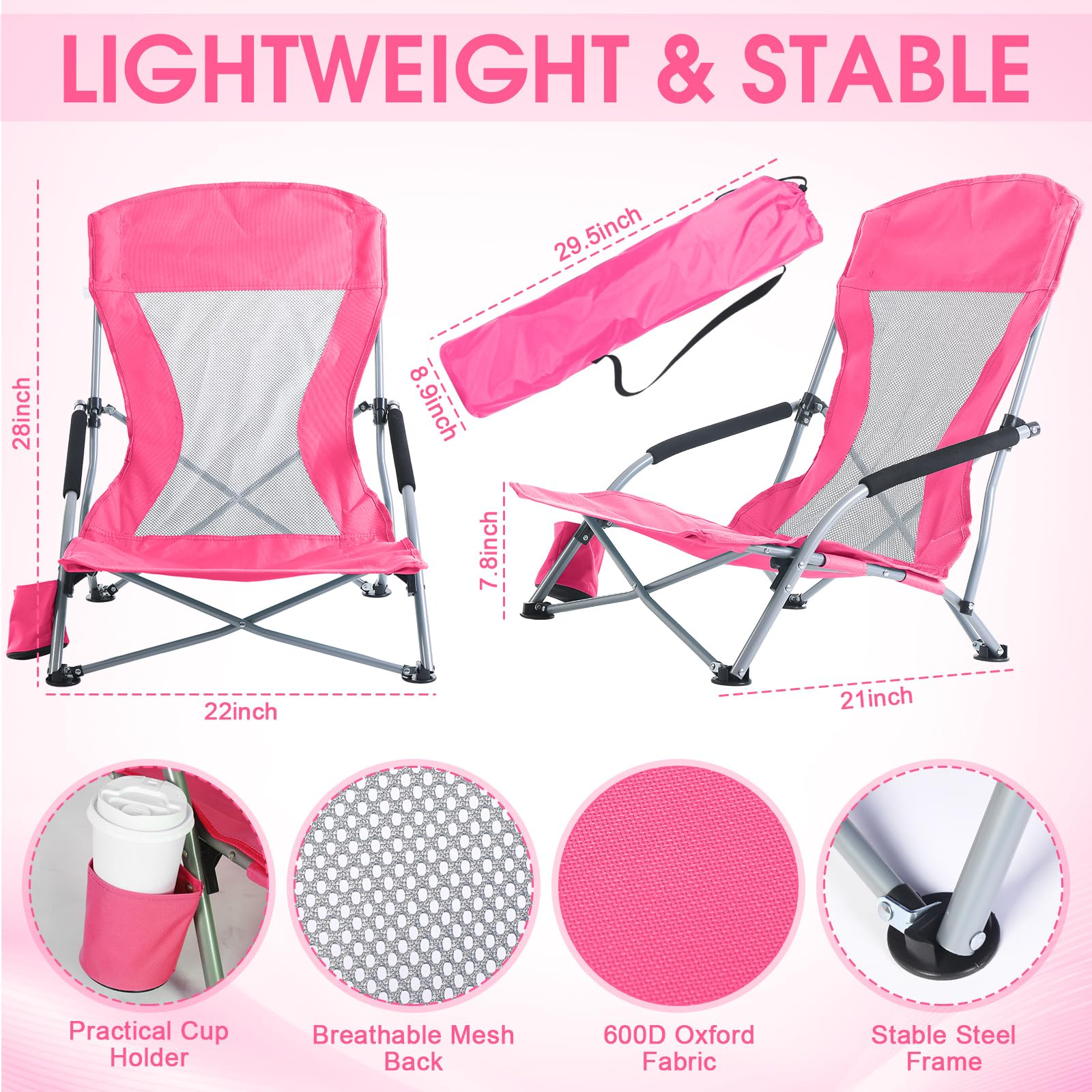 Huwena 2 Pack Beach Chair for Adult with 2 Umbrella Low Folding Chair Detachable Adjustable Lightweight with Armrests Cup Holder Carry Bag Portable for Sand Camping Travel Outdoor Pool (Rose Red)