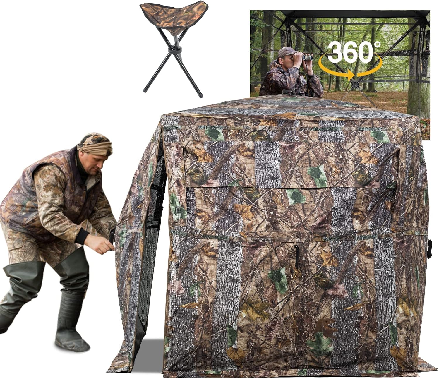 Hunting Blind 270/360 Degree See Through Ground Blind with Carrying Bag, 2/3 Person Pop Up Camouflage Tent Portable Concealed Shelter 360+Chair (2-3 Person)