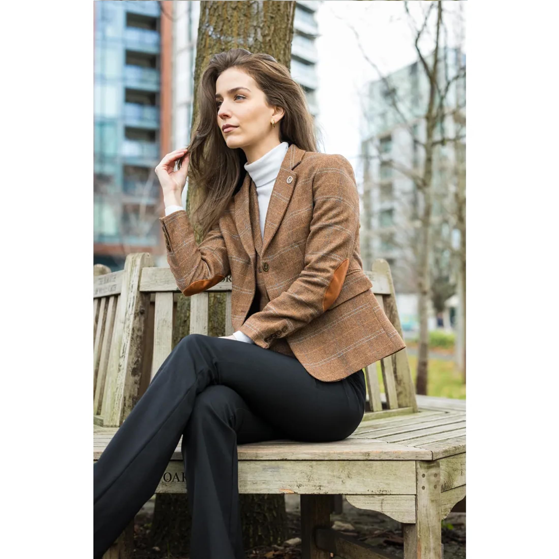 Blazer de Tweed de Corte Entallado Para Mujer Con Cuadros de Espiga