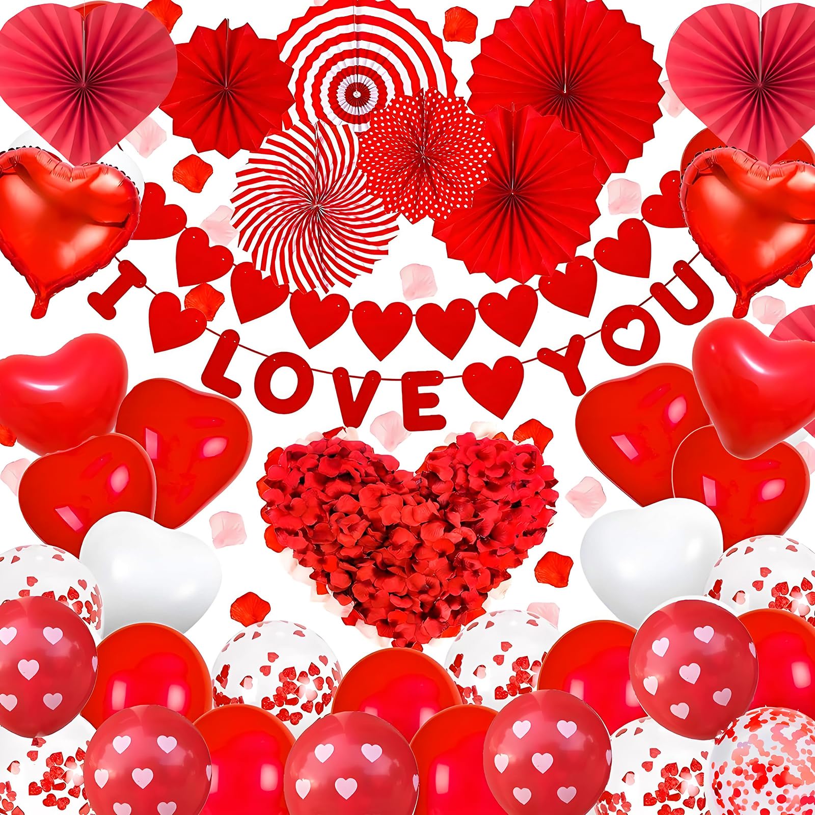 Decoracion San Valentin, Globos San Valentin, 500 Pétalos de Rosa Roja, Abanico Plegable Corazones Rojos, I LOVE YOU Guirnalda, Globos Rojos de San Valentín Decoraciones de San Valentín