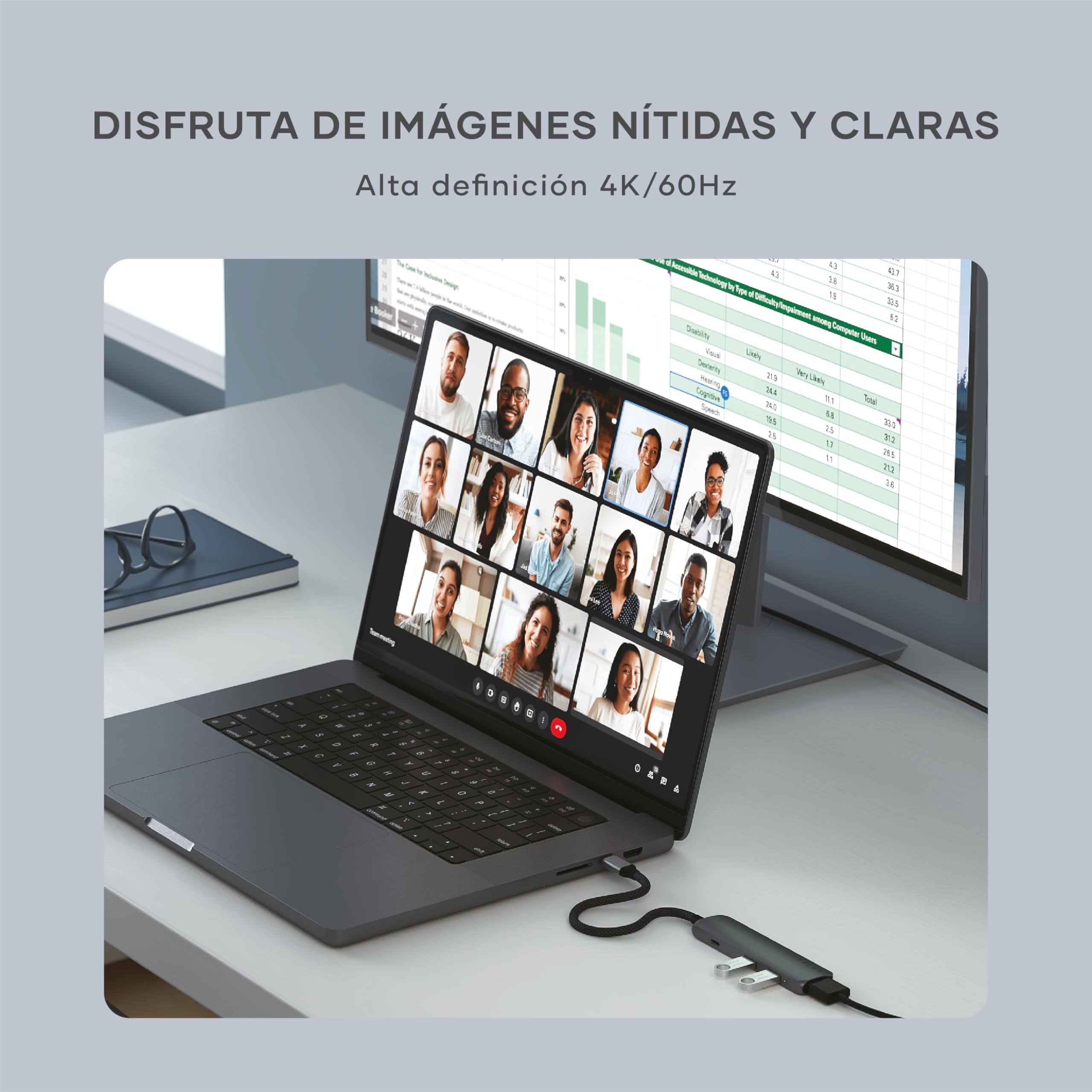 SATECHI Hub USB C 4 en 1 Slim Plus, PD 100W, HDMI 4K, Gris Espacial | 2x Puertos USB-A 10Gbps, vídeo 4K@60Hz, para MacBook Air/Pro/Neo, portátiles Windows y más