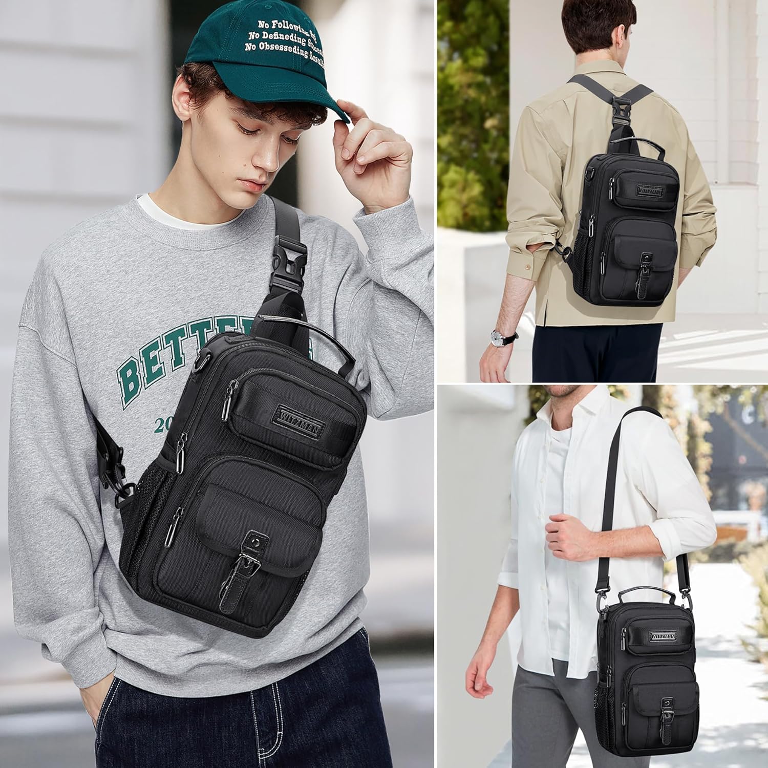 WITZMAN Sling Bag for Men Convertible Travel Sling Backpack USB Charging Port Lightweight Crossbody Bags Casual Daypack(B698 Black) - Image 2