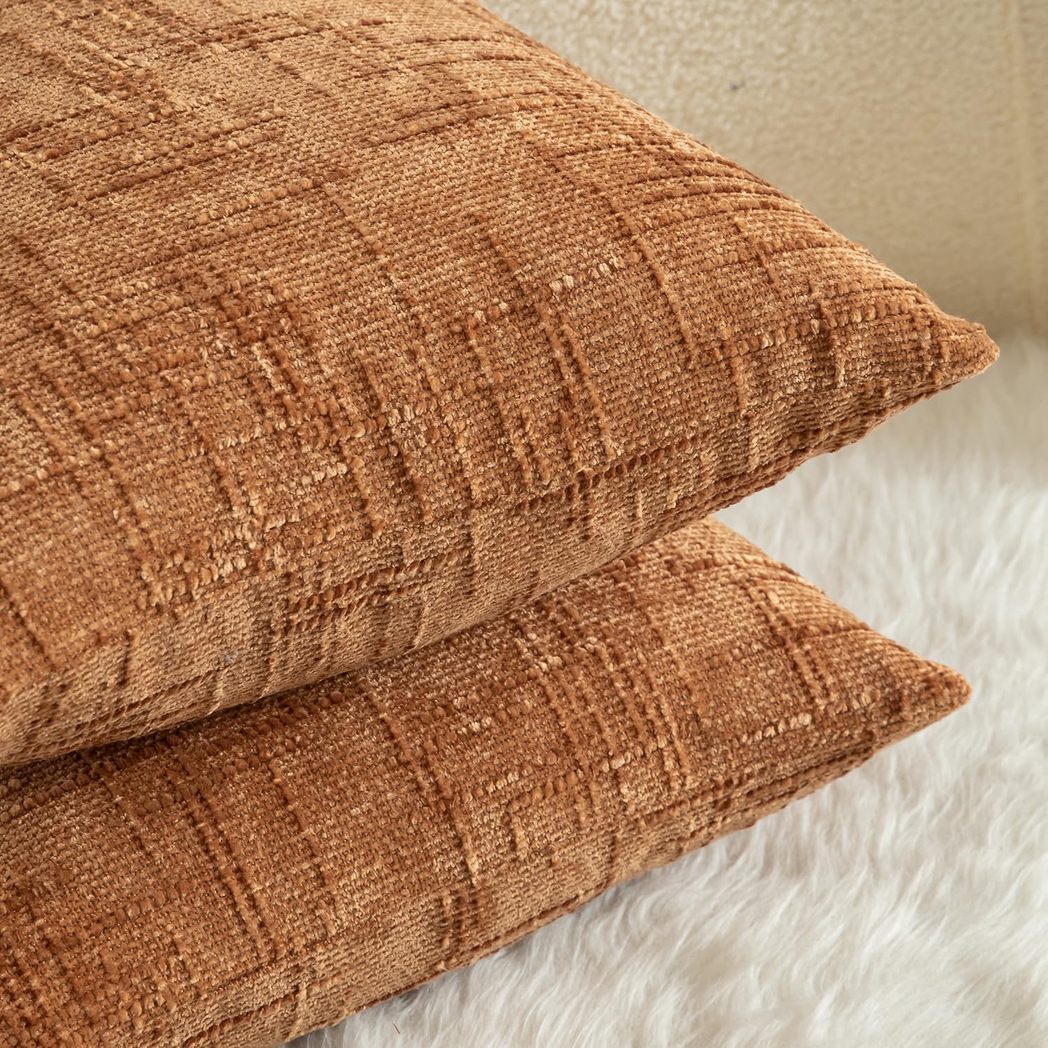 MANDIOO Pack of 2 Soft Chenille Textured Throw Pillow Covers Lumbar Accent Solid Decorative Cushion Cover Cozy Farmhouse Pillow Case for Couch Sofa Bed Living Room 12x20 Inch Burnt Orange - Image 5
