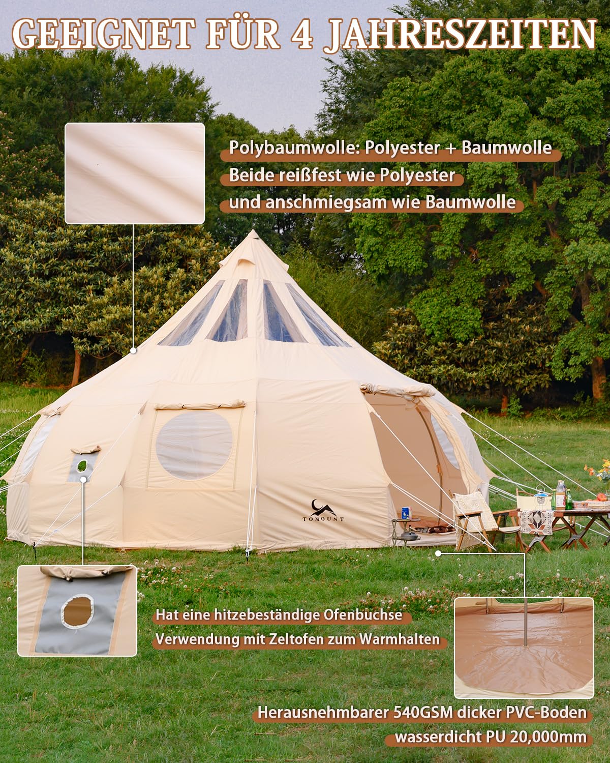 TOMOUNT Tipi Baumwolle Zelt 8 Personen Zwiebelzelt Große Familienzelt Canvas Pyramiden Jurtenzelt Glamping Wassertropfen-Zelt für Camping, Hiking, Festival, Parties, Musikfest, Hochzeit
