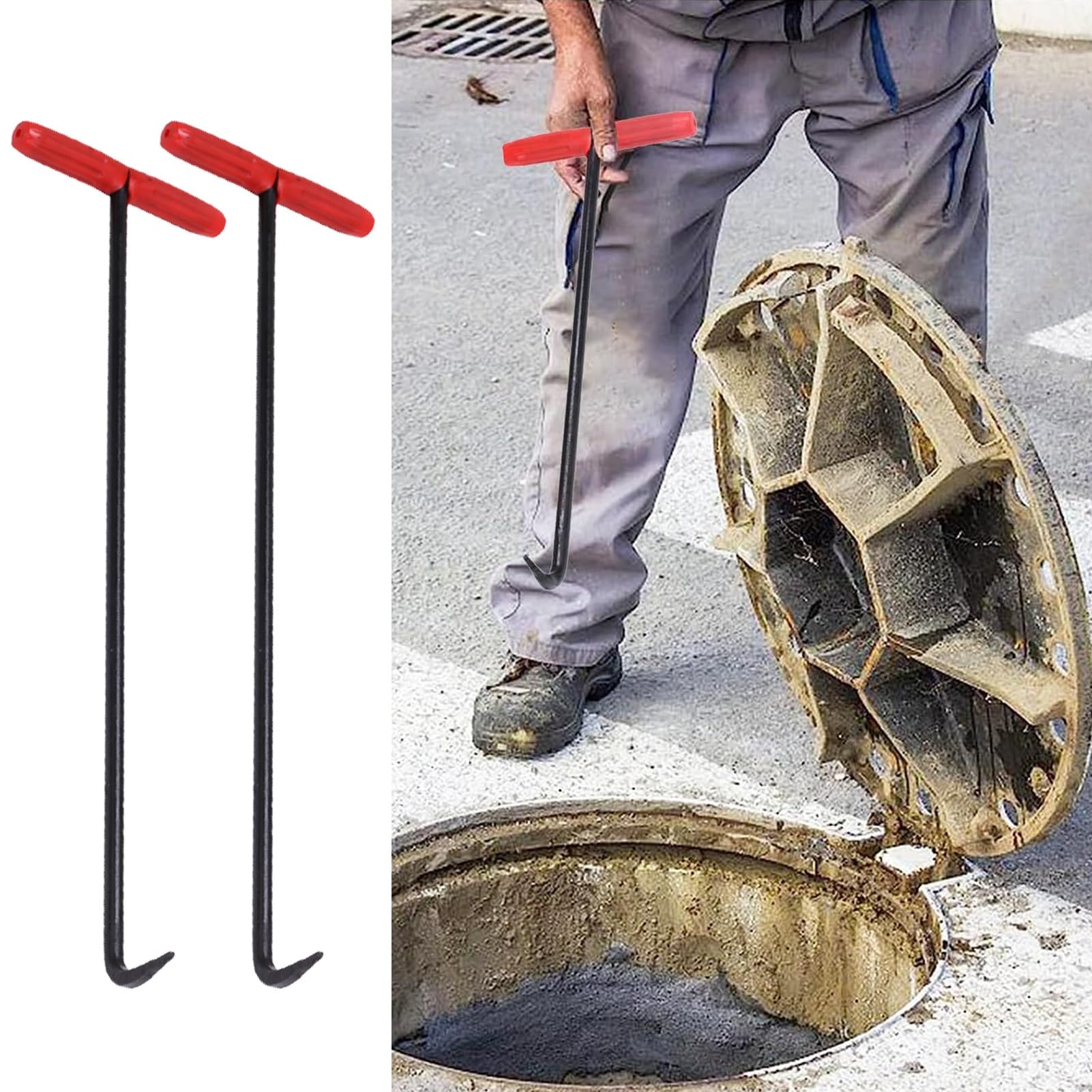 Gancho para Tapa de Alcantarilla 2 X Gancho de Boca de Barra en T Antideslizante Rojo, Gancho al Aire Libre de la Puerta de la Persiana Enrollable, Llaves Originales de Elevación de Pozos de Tamaño Pr