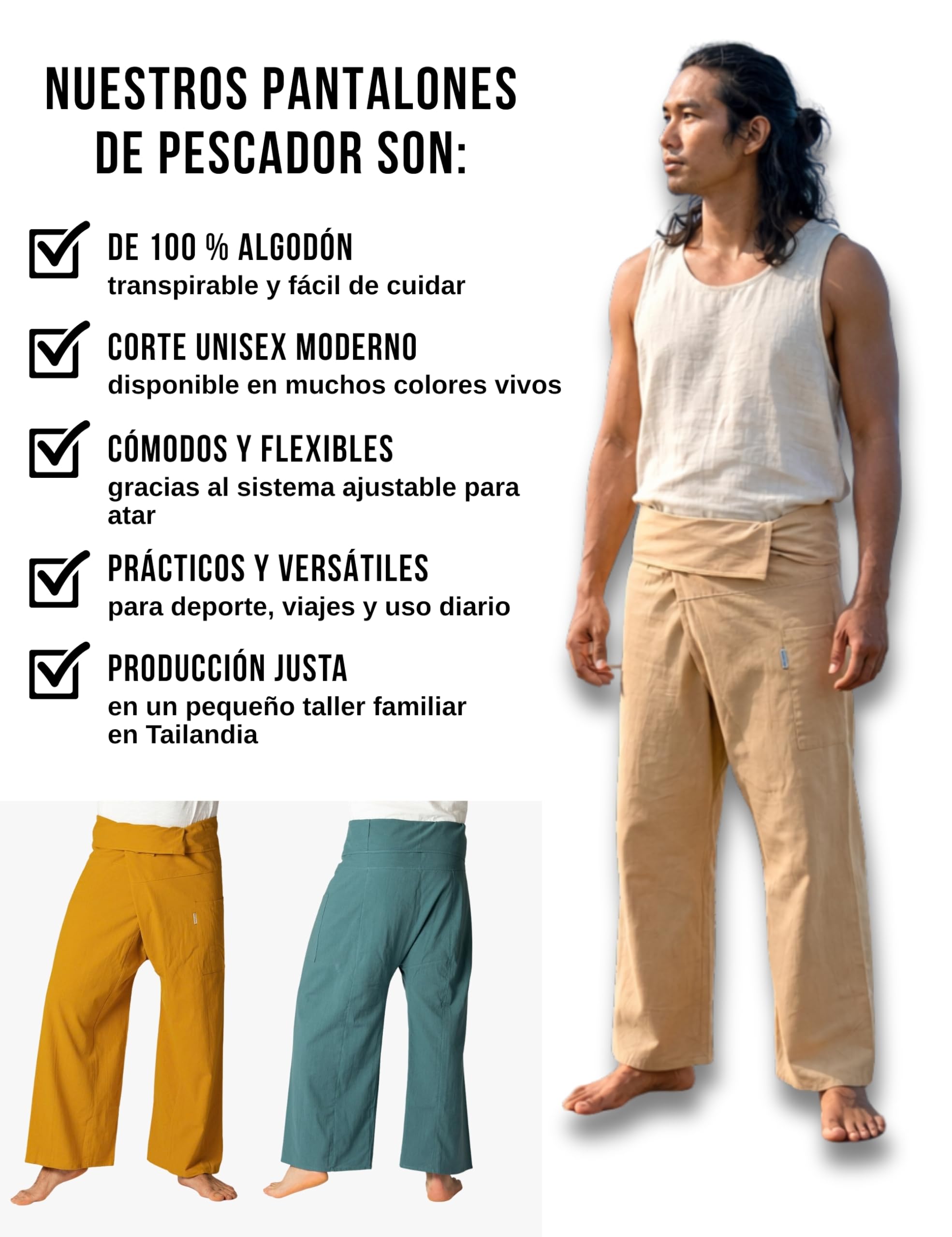 PANASIAM Pantalón Pescador tailandés de algodón para Mujer y Hombre - Pantalón tailandés Ancho Unisex con Ajuste Flexible en 2 Largos - Ideal para Yoga y Artes Marciales