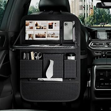 GMQ Back Seat Car Organizer 1 Pack,Backseat Organizer with Tray,Multifunctional Car Seat Back Storage Box with Foldable Tablet Holder Carbon Black, Weave