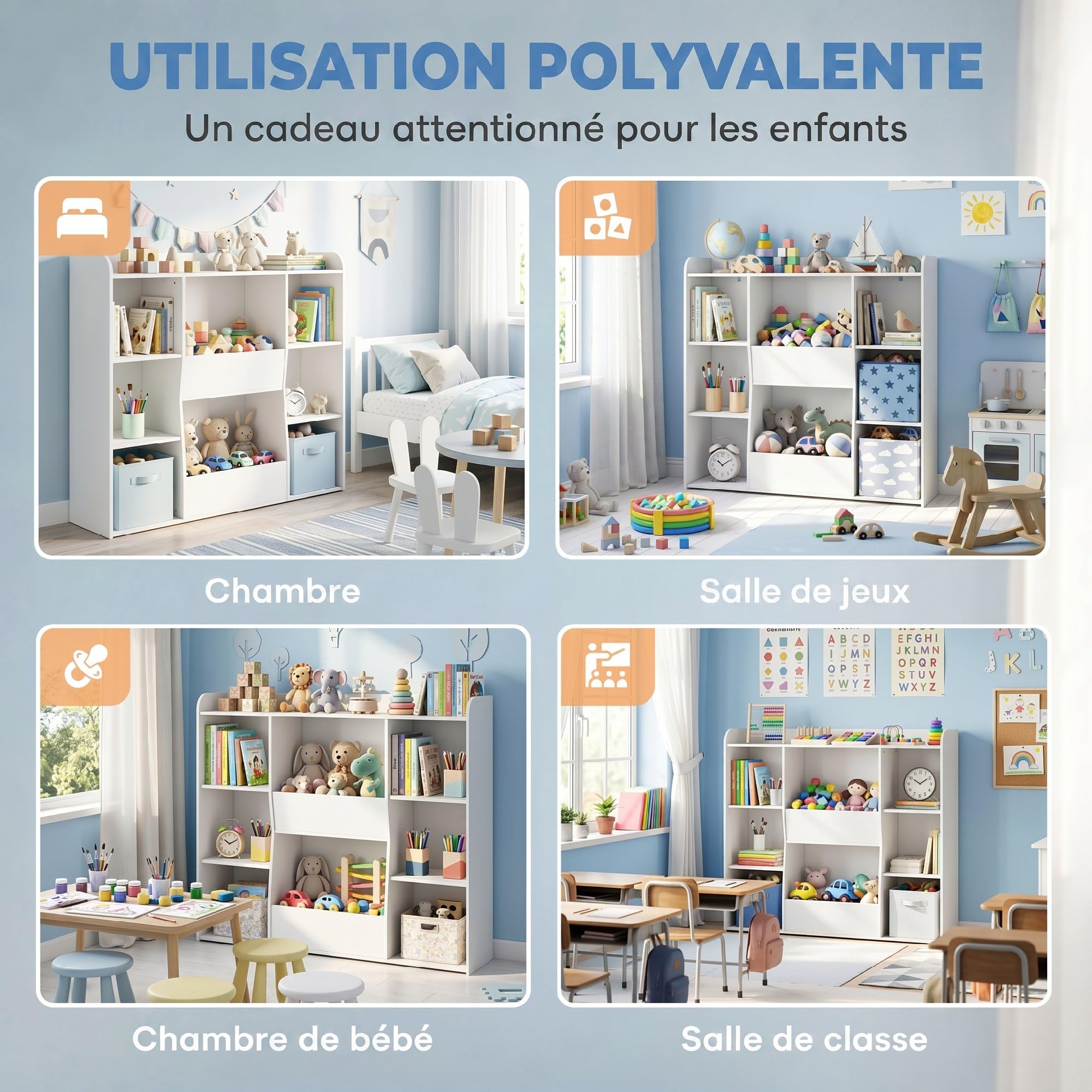 AIYAPLAY Meuble Rangement Enfant, bibliothèque Enfants avec 8 Compartiments et étagère supérieure, Anti-basculement, Rangement Jouets pour Chambre d'enfants, Salle de Jeu, crèche, Blanc