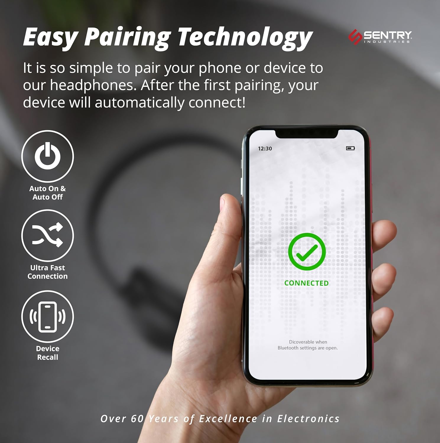 A hand holding a smartphone displaying a 'CONNECTED' message for a Bluetooth device, with icons for Auto On & Auto Off, Ultra Fast Connection, and Device Recall.