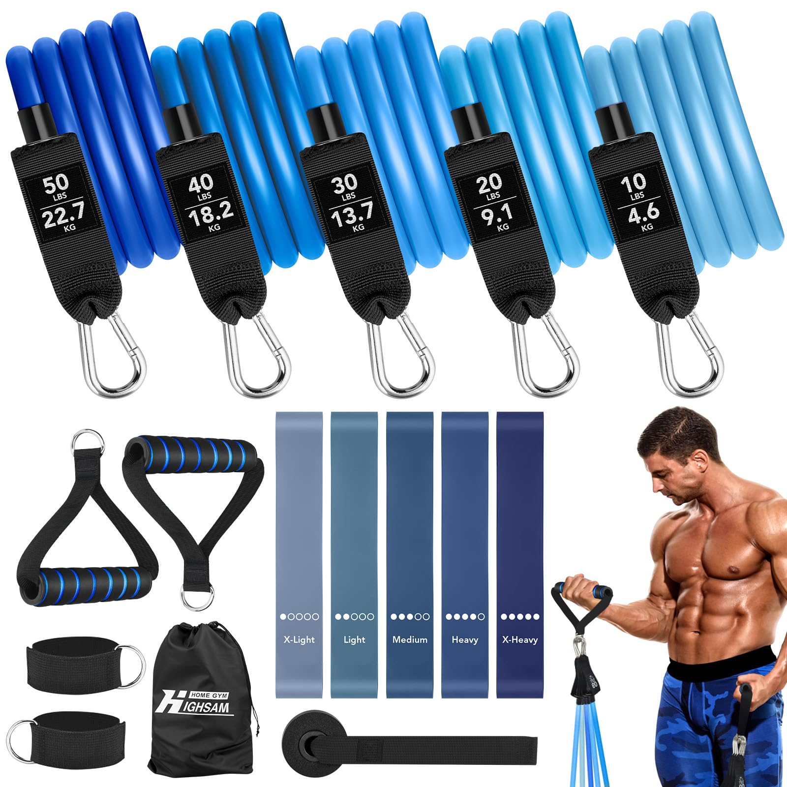 Set di 5 fasce di resistenza con 5 livelli, fascia da allenamento per fitness, resistenza con istruzioni di esercizio e borsa per il trasporto per yoga, pilates, elastico sportivo, fascia elastica