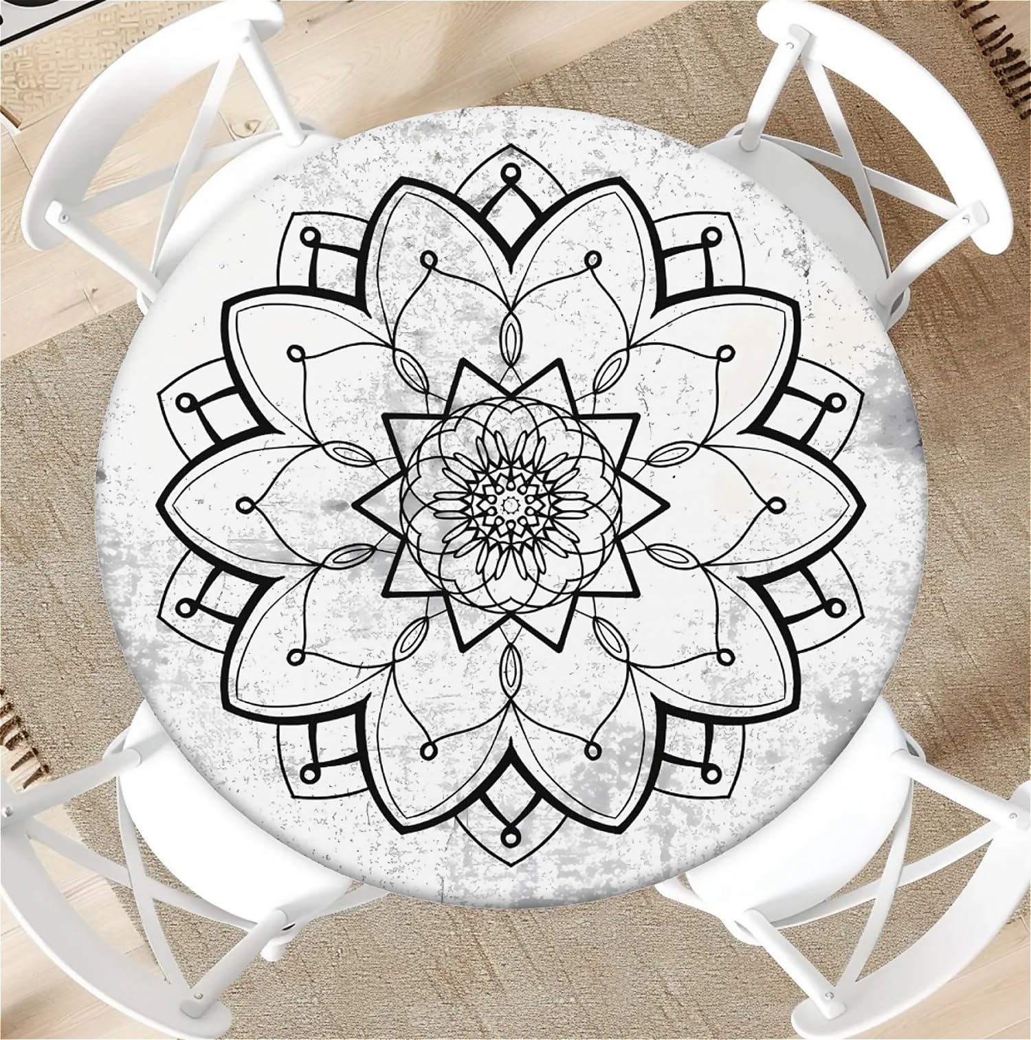 artslion Round Tablecloth with Elastic Band 60In-150cm Outdoor Garden Table Cloth with Line Lotus Pattern Fits 54"-58" Wide Tables