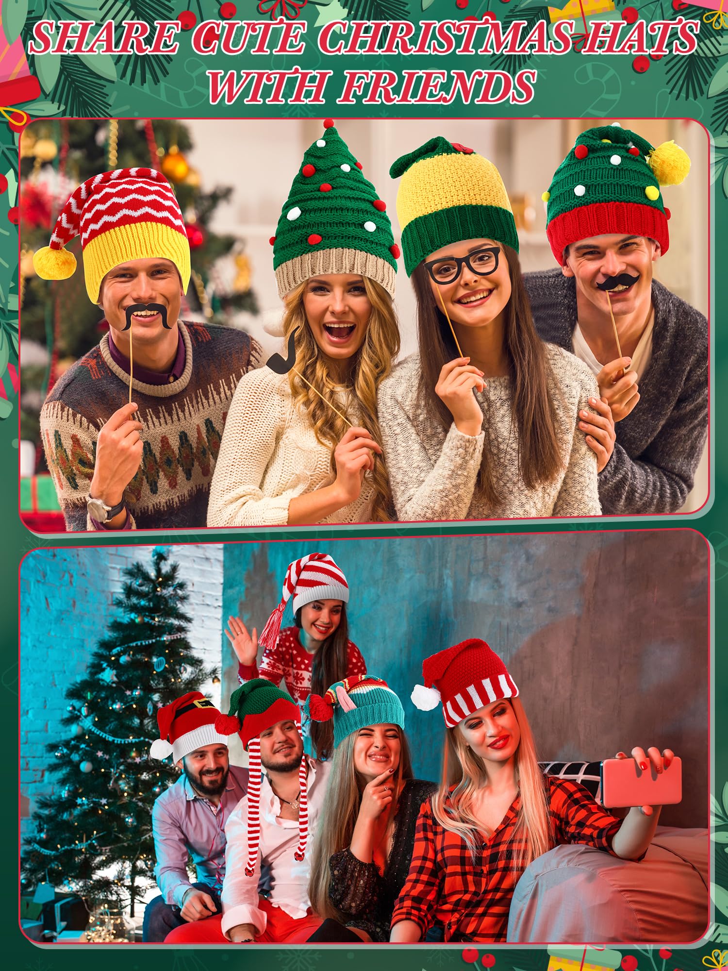 Liitrsh - Sombreros de Papá Noel unisex de punto de ganchillo (10 unidades), diseño de pompones, gorro de Navidad con pompones, sombrero de elfo divertido para mujer y hombre, para fiesta de Navidad