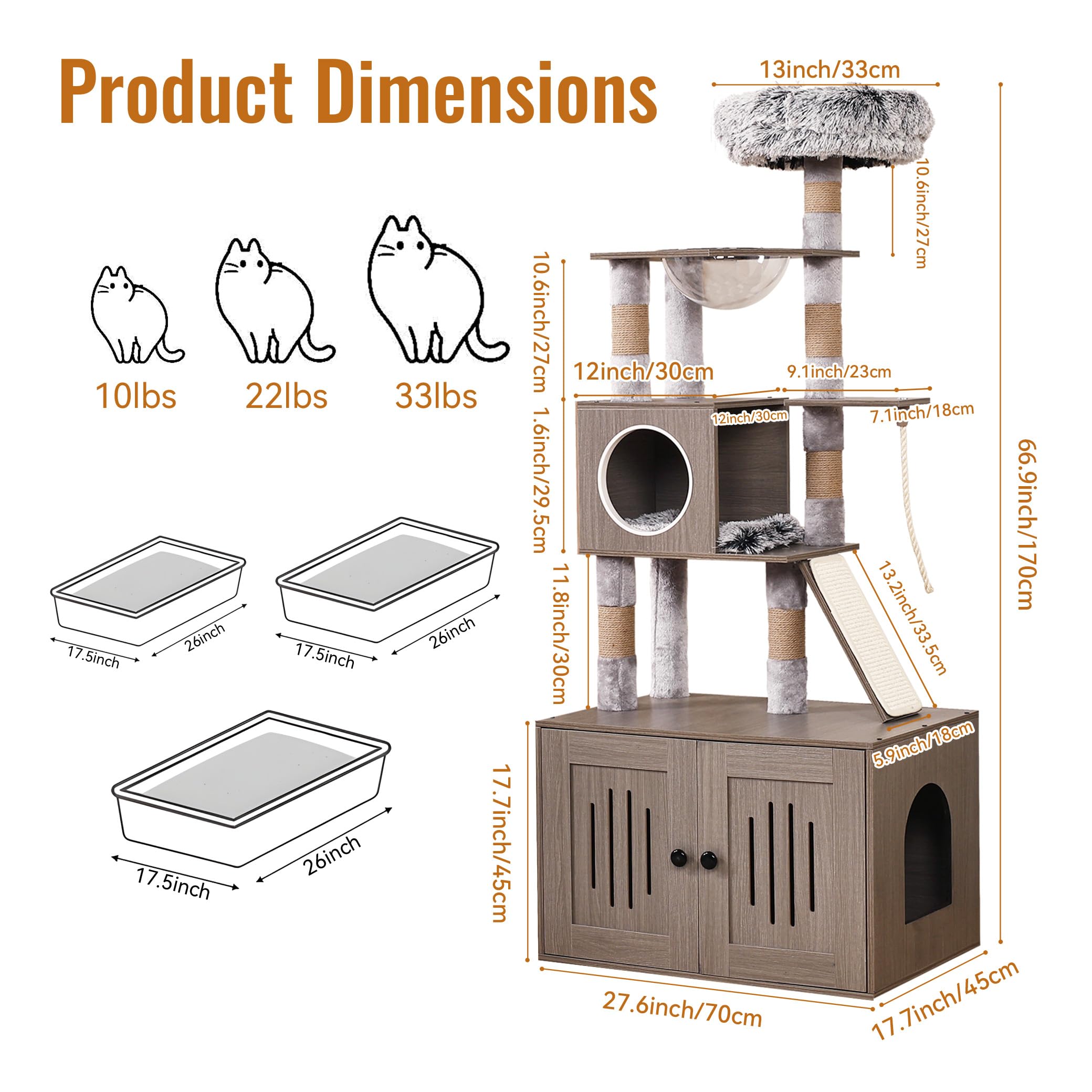 Cat Tree with Litter Box Enclosure, Hidden Washroom Litter Box Tree with Sisal Scratching Post and Soft Plush Perch, Wooden Cat Furniture with Multiple Platforms, Grey