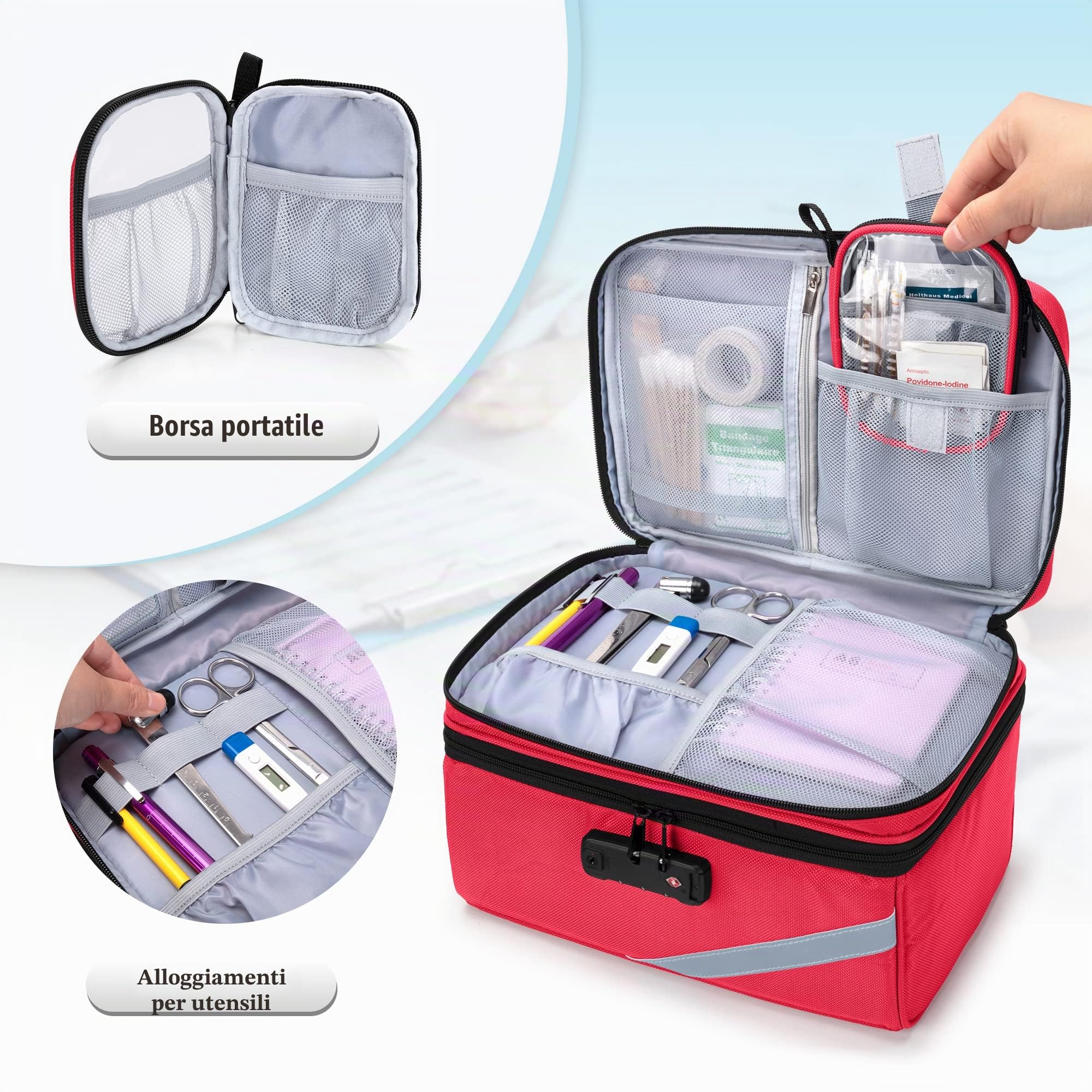 Trunab Borsa Medica Piccola con Lucchetto a Combinazione, Borsa da Viaggio Medica Chiudibile con Mini Custodia per Casa, Viaggio, Emergenza, Rosso (Borsa Vuota), Design Brevettato