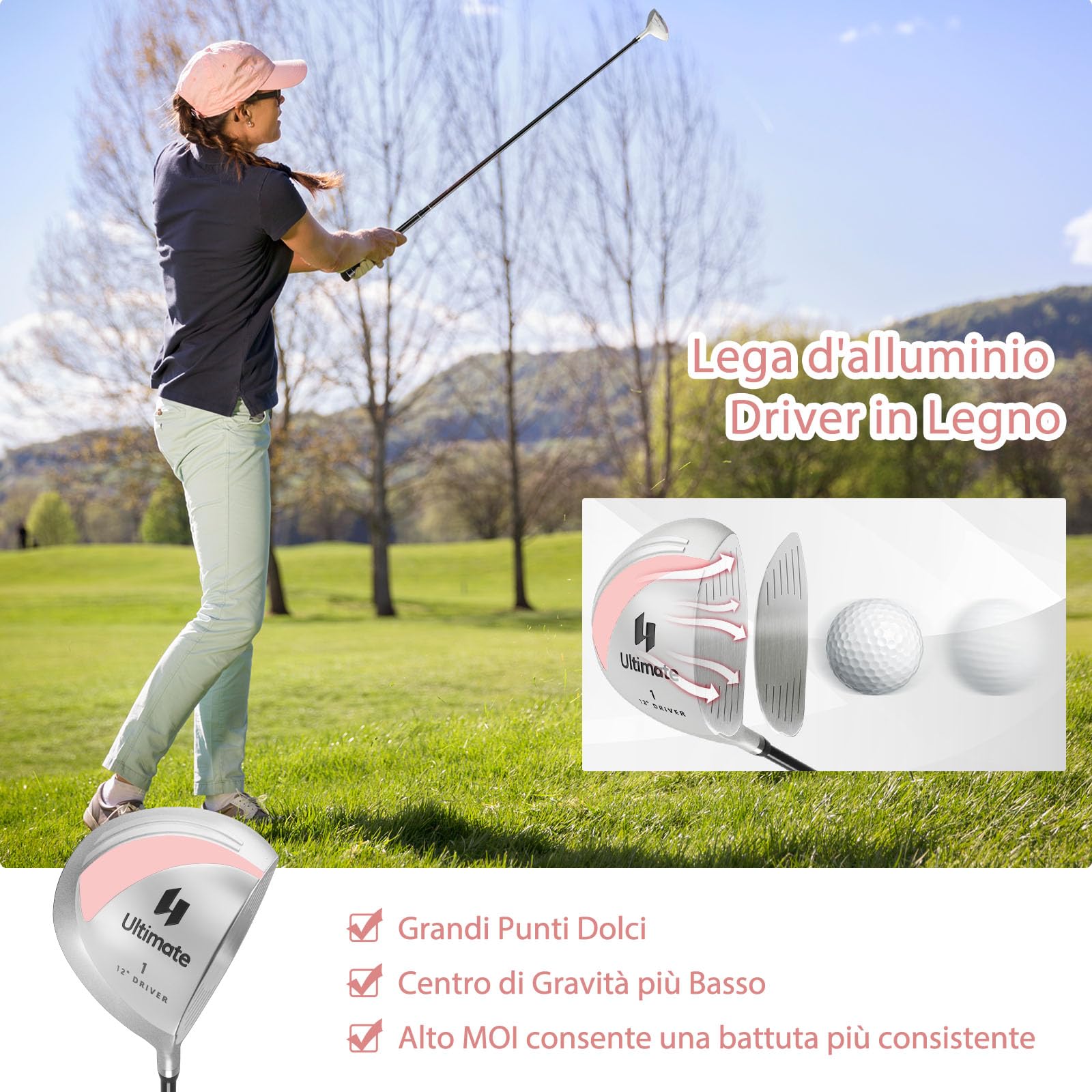 COSTWAY Set Completo di Mazze da Golf da Donna, 9 Pezzi, Include Driver in Lega, Legno Fairway 3, Ibrido 4, Ferri 6, 7, 8, 9 e P, Putter e Copri Testa per Golfiste Destre
