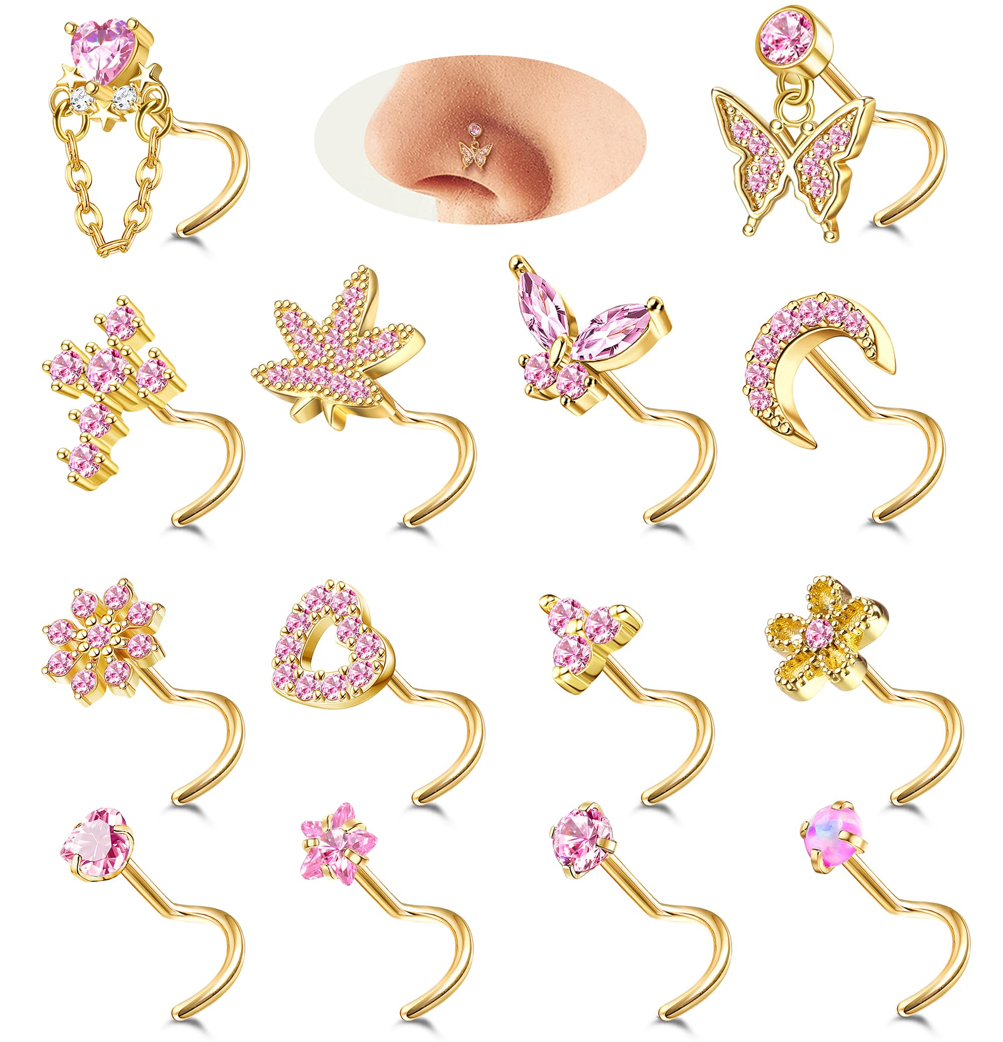 MILACOLATO 14PièCes 20G Piercing Nez Or pour Femme Acier Inoxydable avec CZ en Forme de L et en Spirale Anneaux de Nez de Argent Coeur Papillons Clous de Nez Bijoux Piercing pour Femme