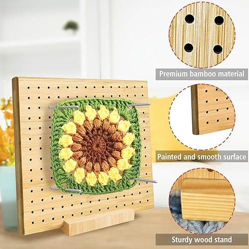 Miniatura 4 de Tabla de bloqueo de ganchillo de bambú para amantes del ganchillo, tabla de bloqueo cuadrada para tejer con 10 pasadores de barra de acero