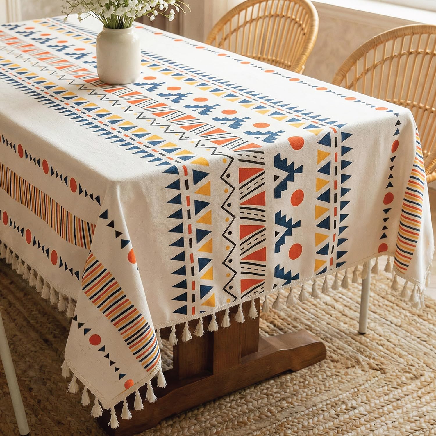 Urban Space 100% Cotton Dining Table Cover 4 Seater, Printed Cotton Table Cloth for Center Table, Table Cover with Tassels (Ikat, 4 Seater - 56" x 72")