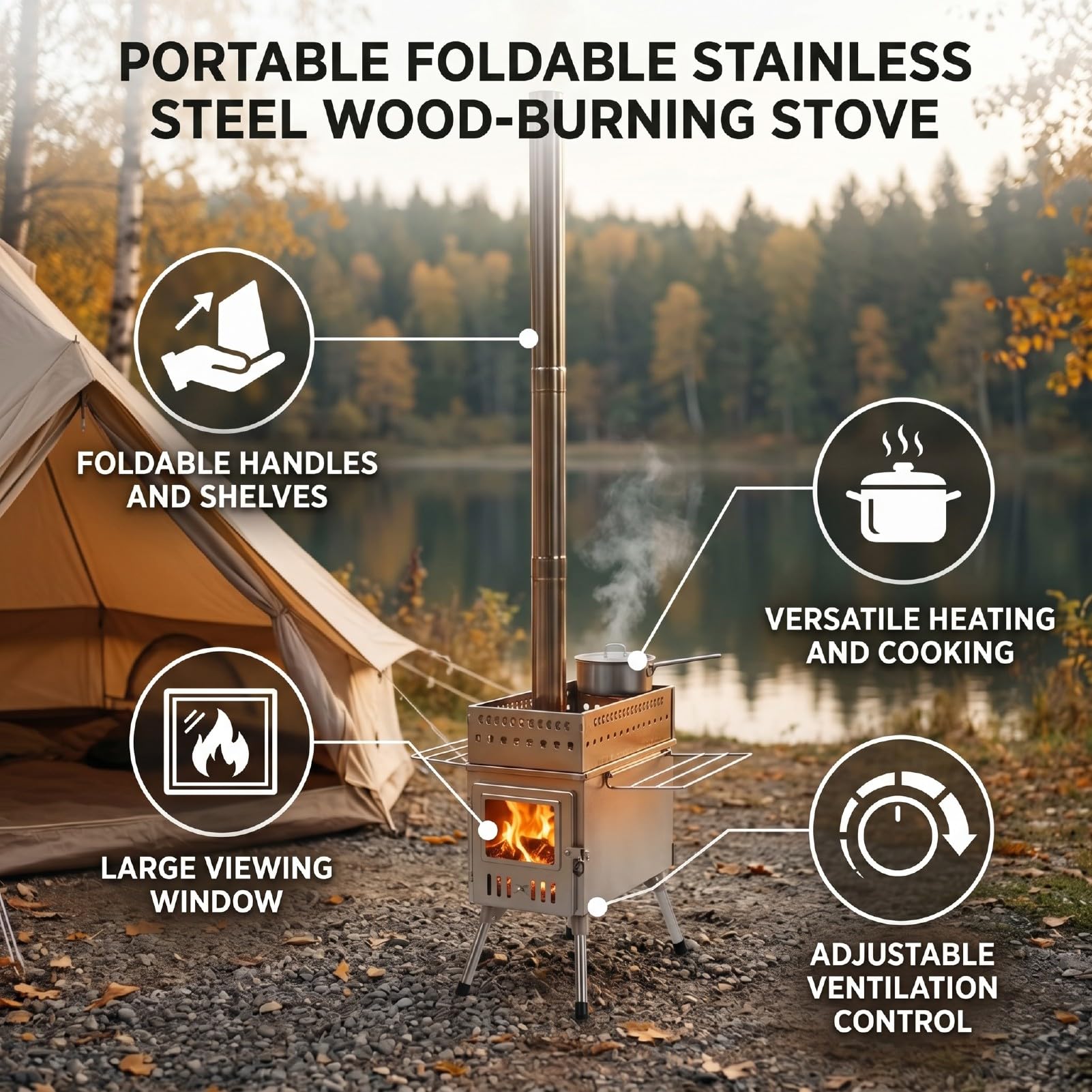 Stufa da Tenda, Stufa a Legna Portatile Pieghevole in Acciaio | Riscaldatore da campeggio a 5 tubi, scatola in pietra per sauna, foro di cottura, flusso d'aria regolabile, patio