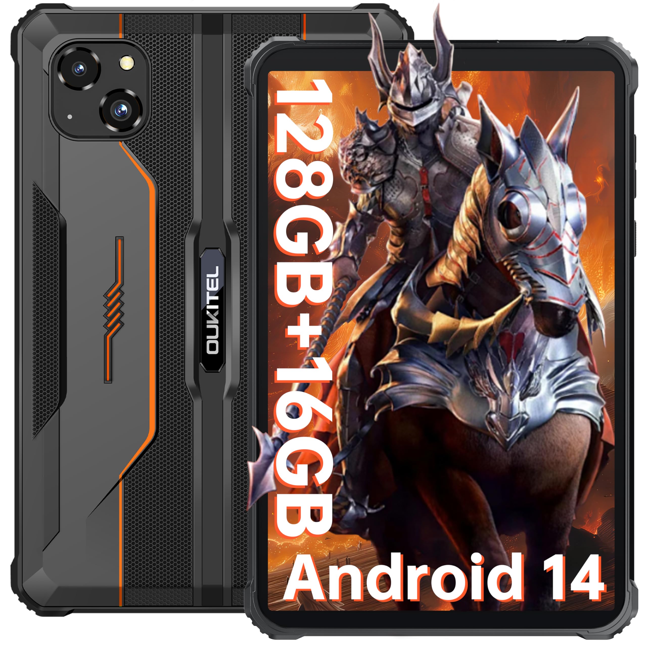 OUKITEL RT3 PRO Rugged Tablet - 8" HD Schermo - Android 14 16GB RAM + 128GB ROM/TF 1TB Tablet Robust MTK6769 Octa-Core 5150mAh 16MP+8MP Camera Tablet Impermeabile IP68/69K Dual SIM 4G Face ID Arancio