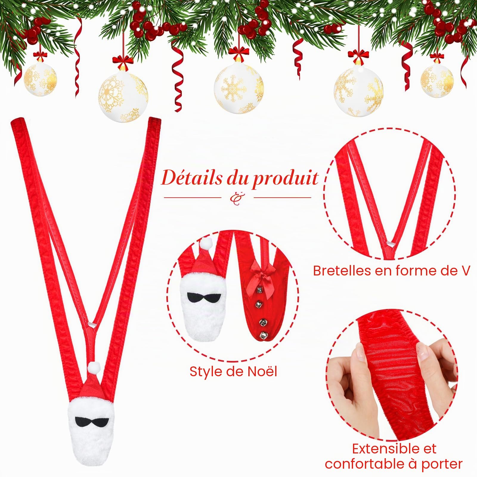 Hestya 4 Pcs Set de Mankini Noël Chapeaux de Père Mankini à String Bonnet Noël Maillot de Bain Drôle pour Homme